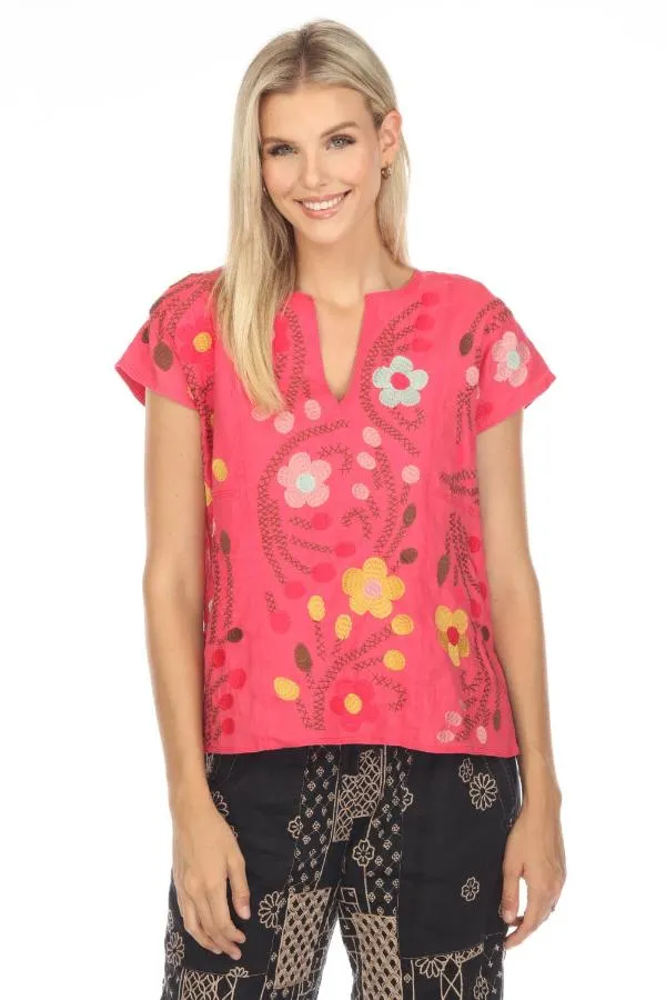 Johnny Was JWLA Joni Easy Paneled V-Neck Floral Embroidered Top Boho Chic J18323