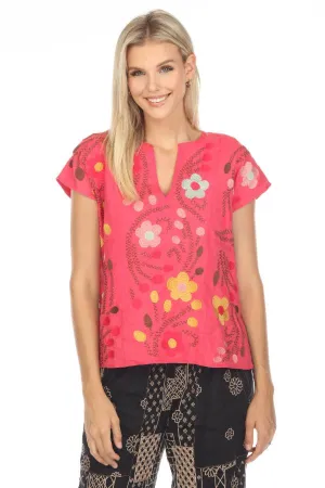 Johnny Was JWLA Joni Easy Paneled V-Neck Floral Embroidered Top Boho Chic J18323