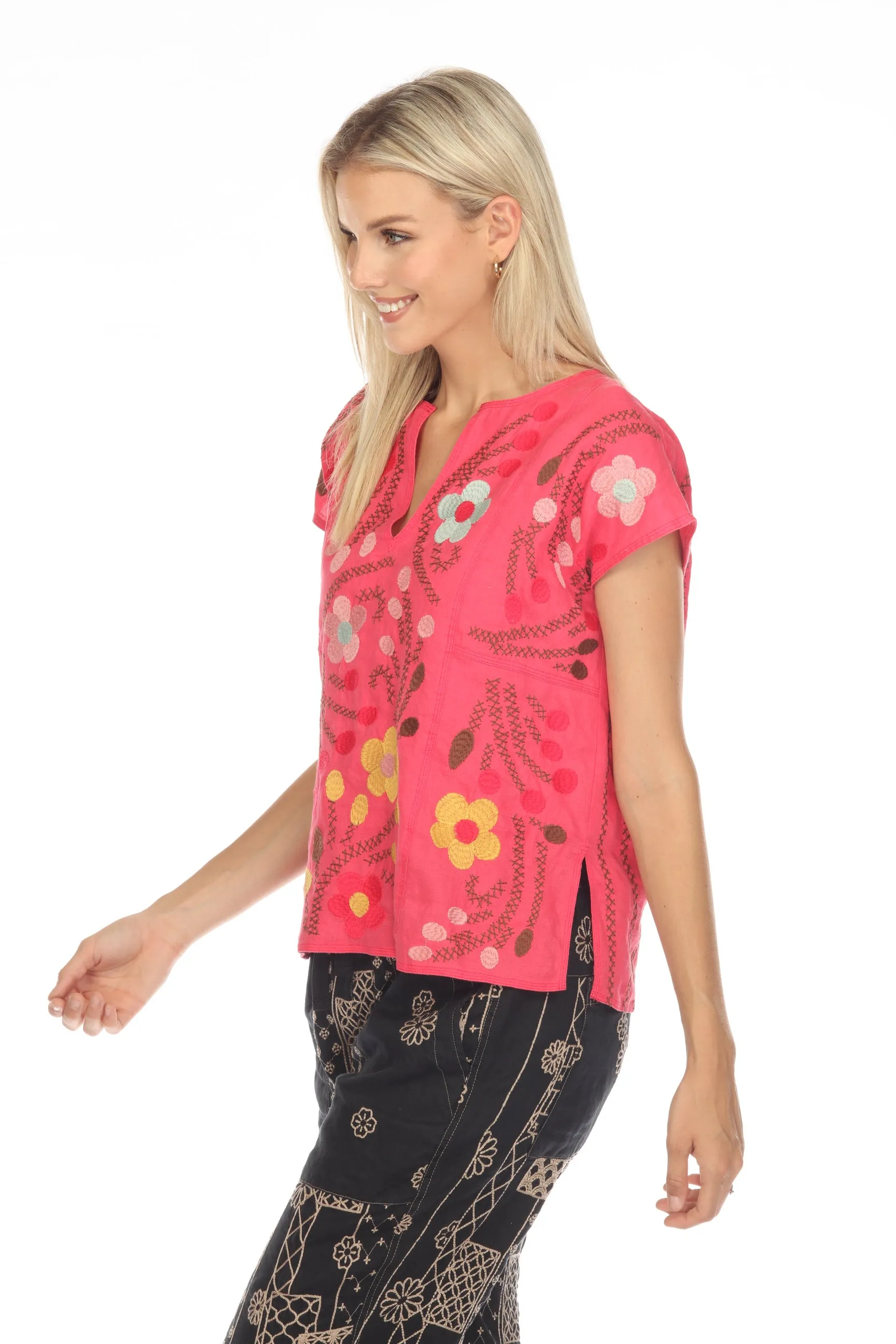 Johnny Was JWLA Joni Easy Paneled V-Neck Floral Embroidered Top Boho Chic J18323