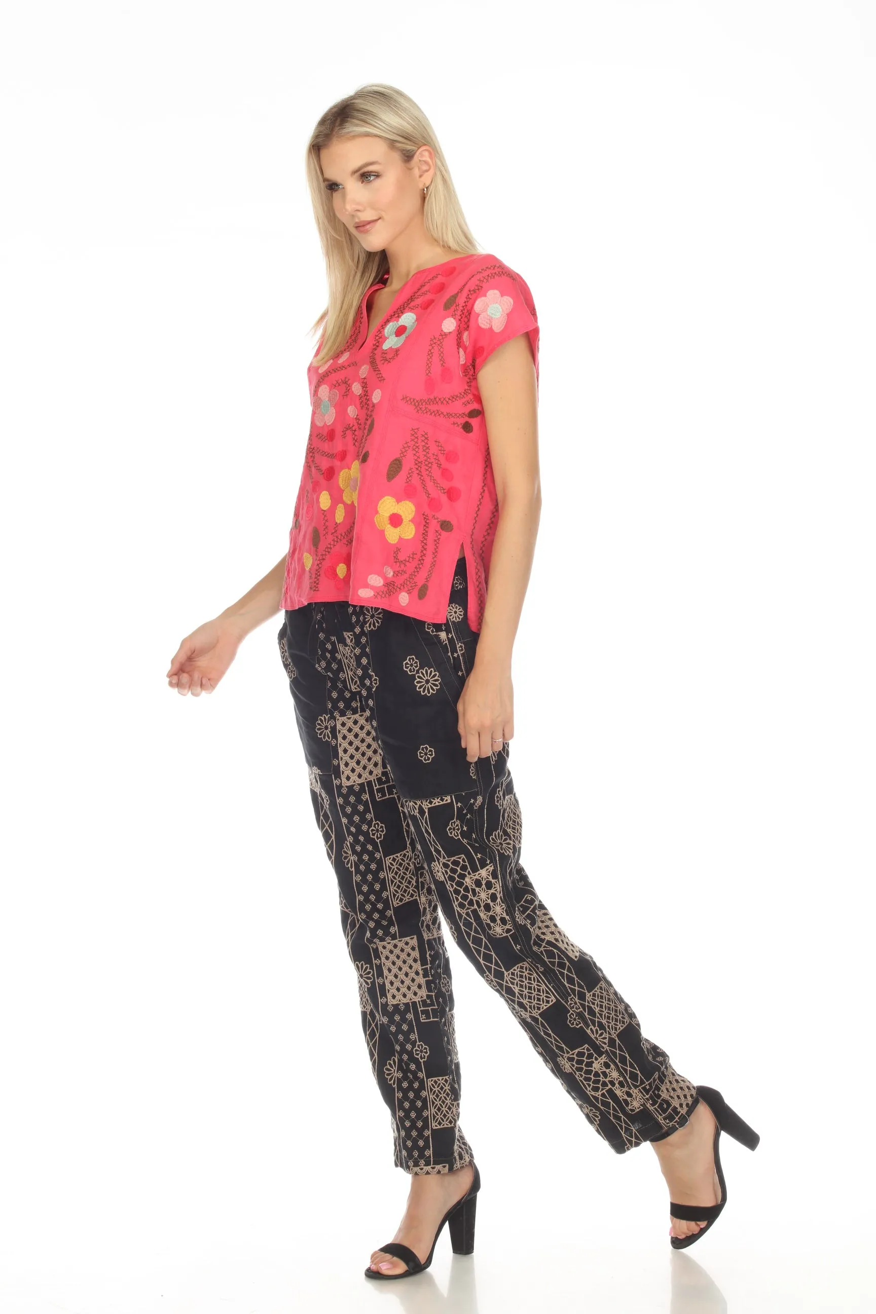 Johnny Was JWLA Joni Easy Paneled V-Neck Floral Embroidered Top Boho Chic J18323