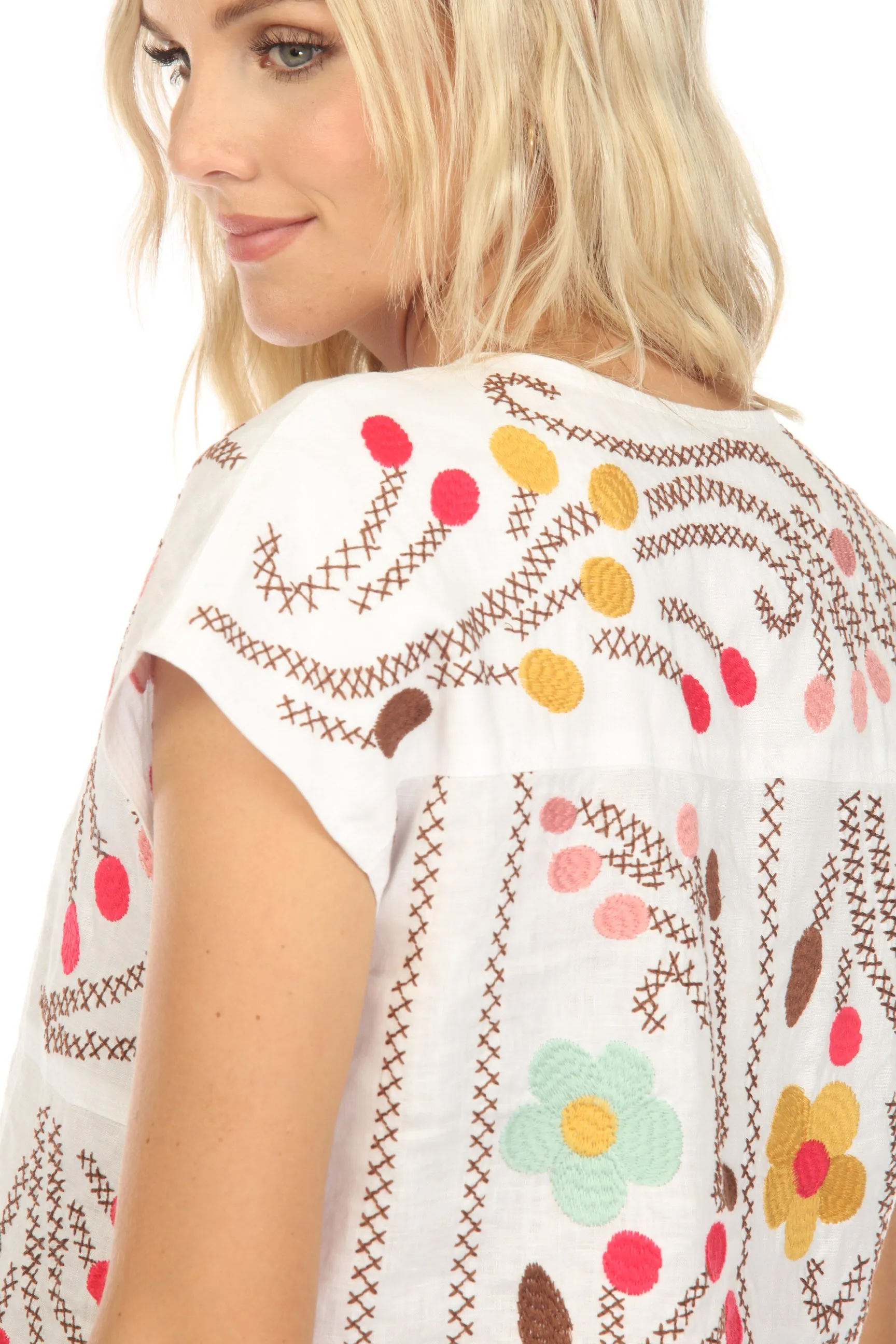 Johnny Was JWLA Joni Easy Paneled V-Neck Floral Embroidered Top Boho Chic J18323