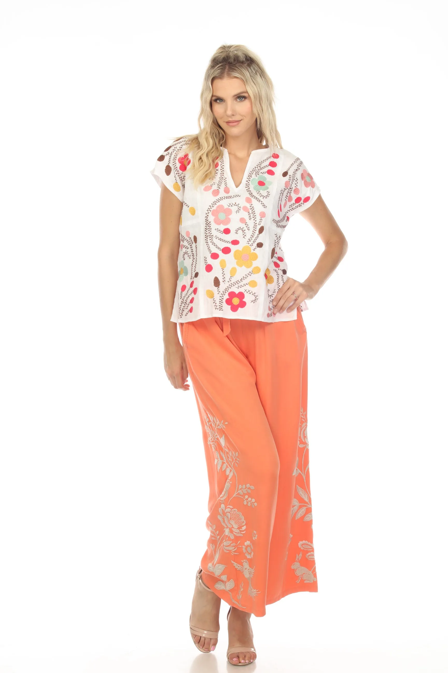 Johnny Was JWLA Joni Easy Paneled V-Neck Floral Embroidered Top Boho Chic J18323