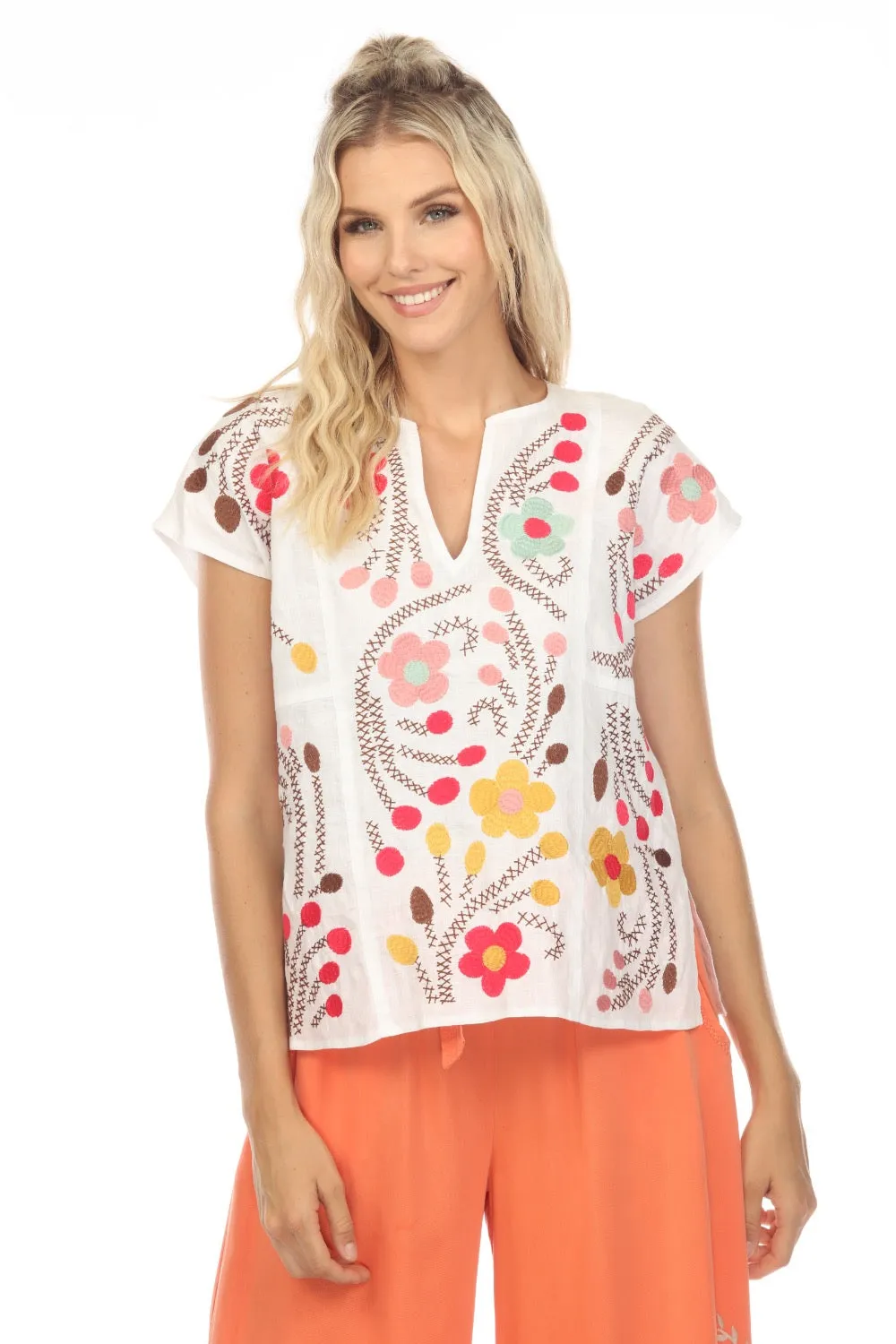 Johnny Was JWLA Joni Easy Paneled V-Neck Floral Embroidered Top Boho Chic J18323