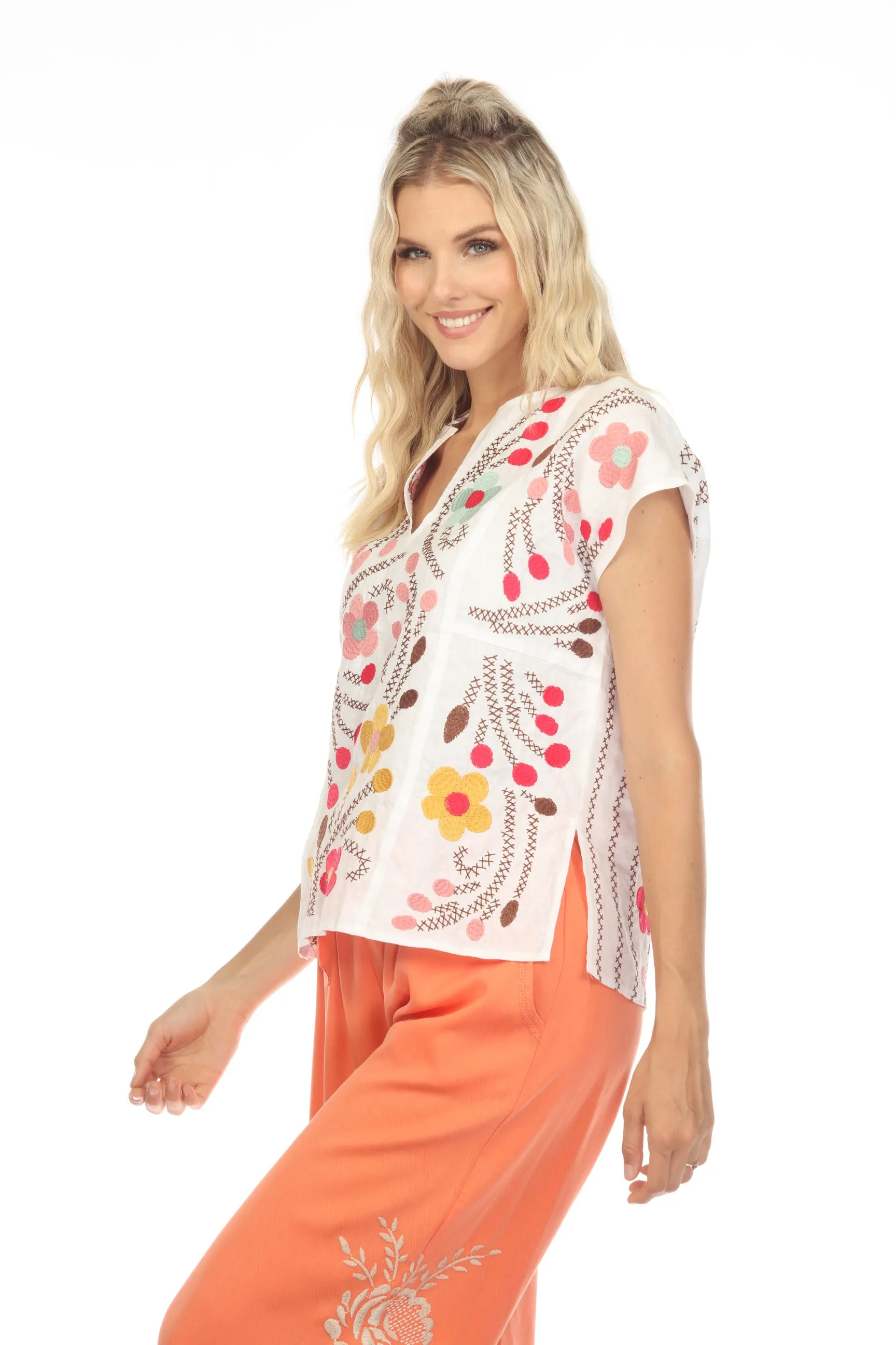 Johnny Was JWLA Joni Easy Paneled V-Neck Floral Embroidered Top Boho Chic J18323