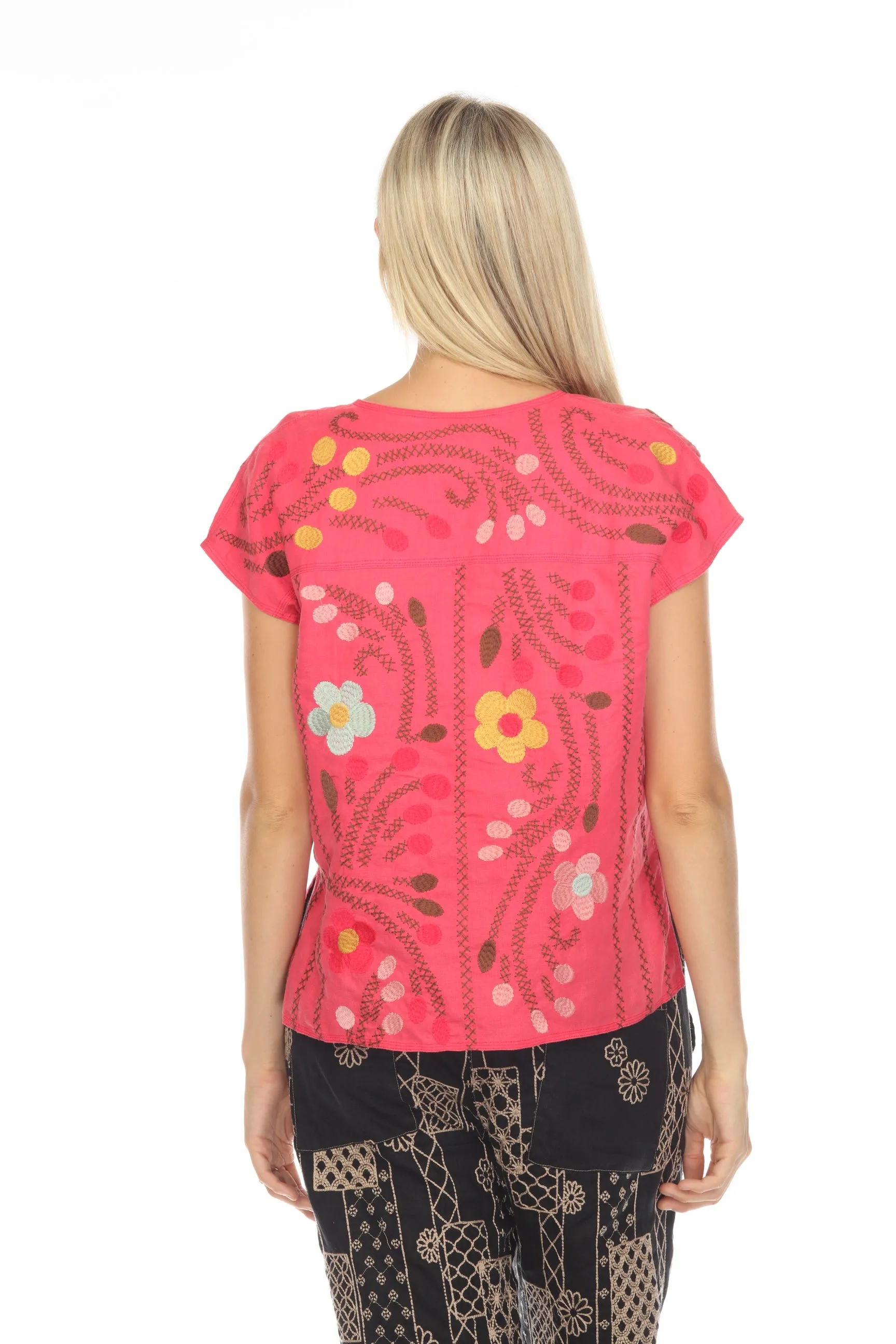 Johnny Was JWLA Joni Easy Paneled V-Neck Floral Embroidered Top Boho Chic J18323