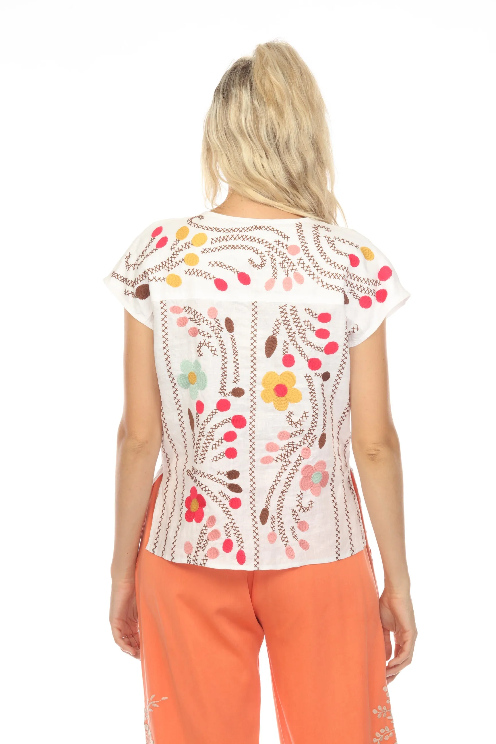 Johnny Was JWLA Joni Easy Paneled V-Neck Floral Embroidered Top Boho Chic J18323