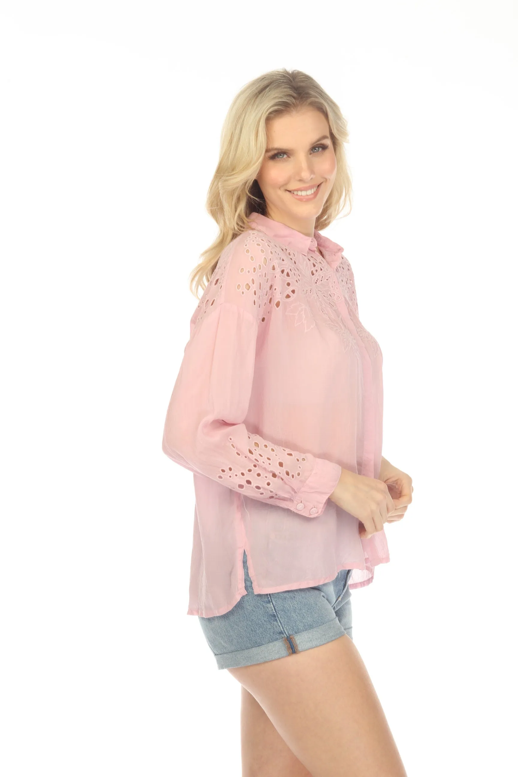 Johnny Was Light Pink Lotus Eyelet Button-Down Shirt Boho Chic C14923