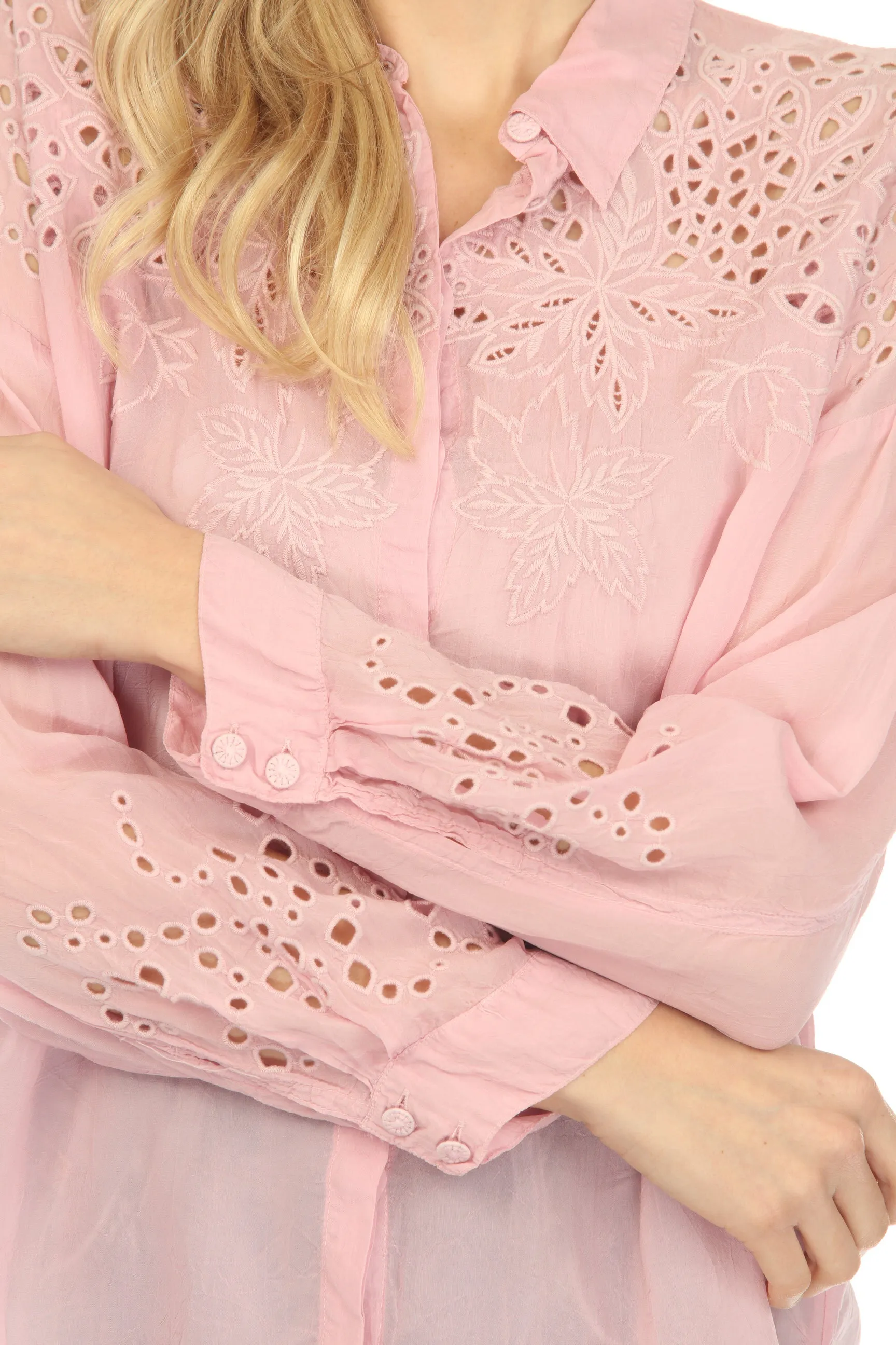 Johnny Was Light Pink Lotus Eyelet Button-Down Shirt Boho Chic C14923