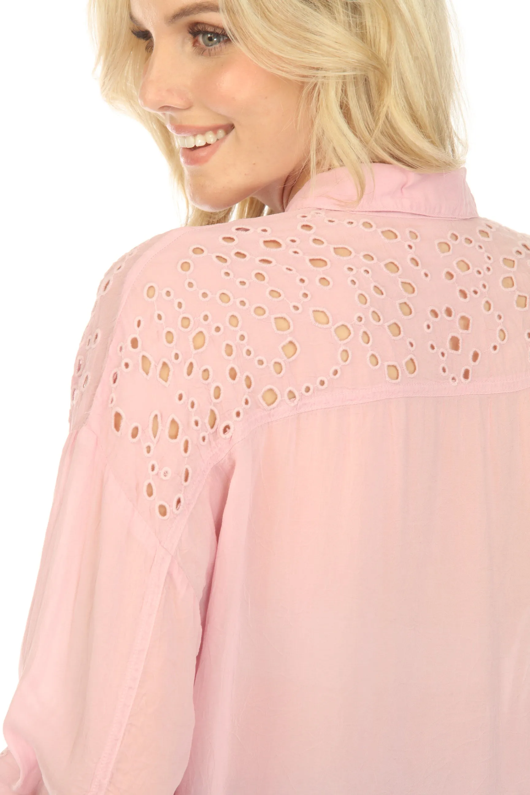 Johnny Was Light Pink Lotus Eyelet Button-Down Shirt Boho Chic C14923