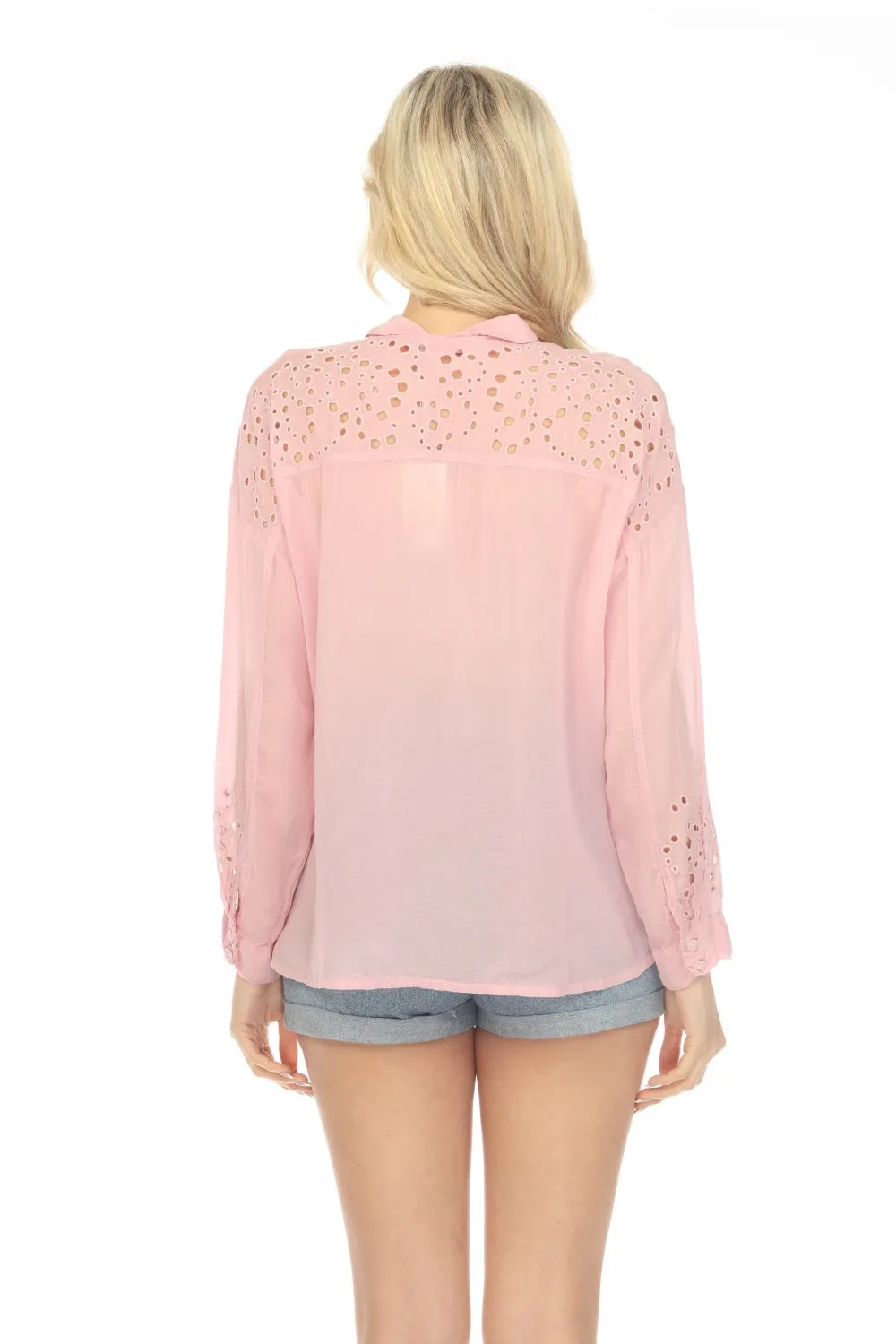 Johnny Was Light Pink Lotus Eyelet Button-Down Shirt Boho Chic C14923