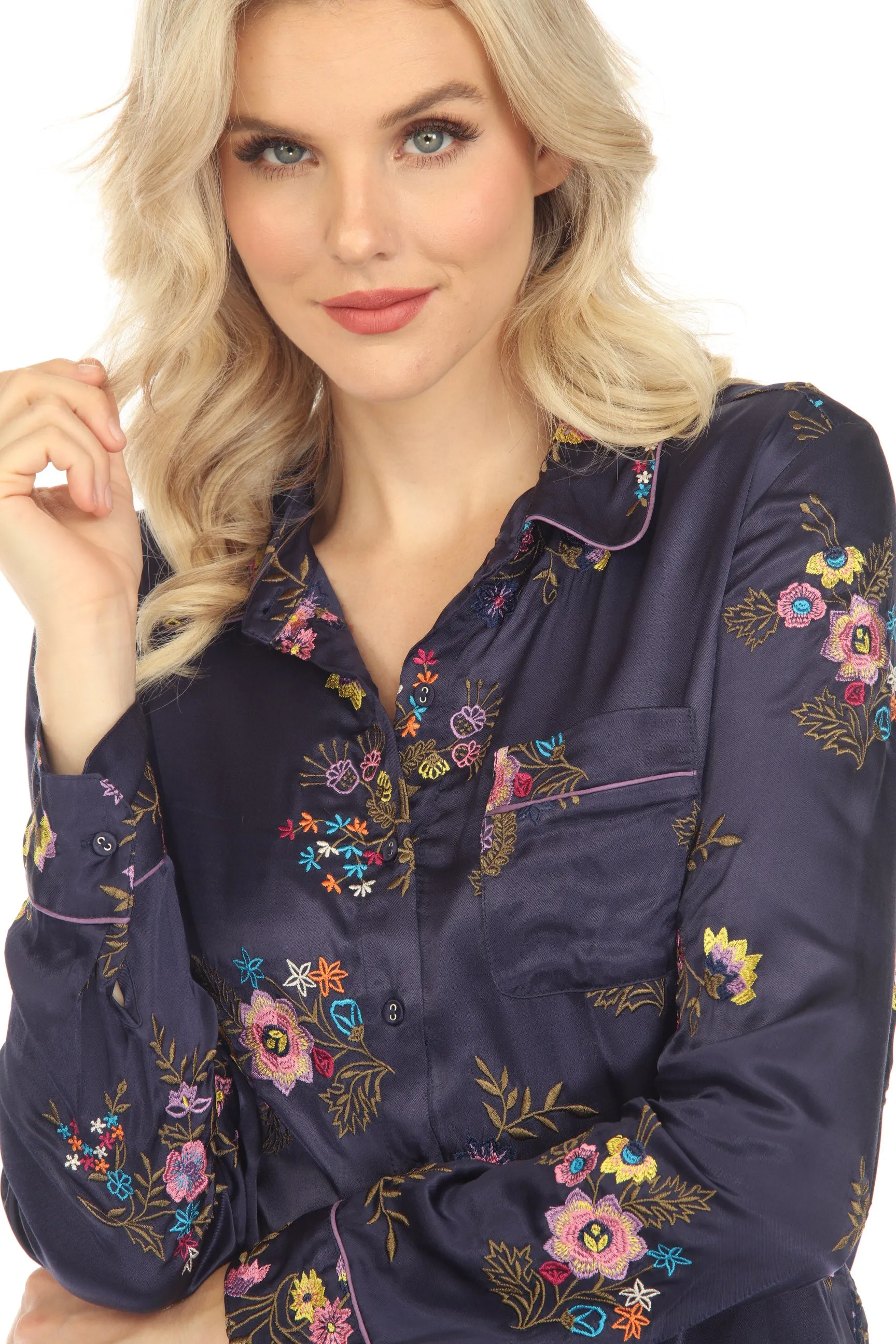 Johnny Was Love Blue Misty Rayon Embroidered Button Down Shirt Boho Chic L12923