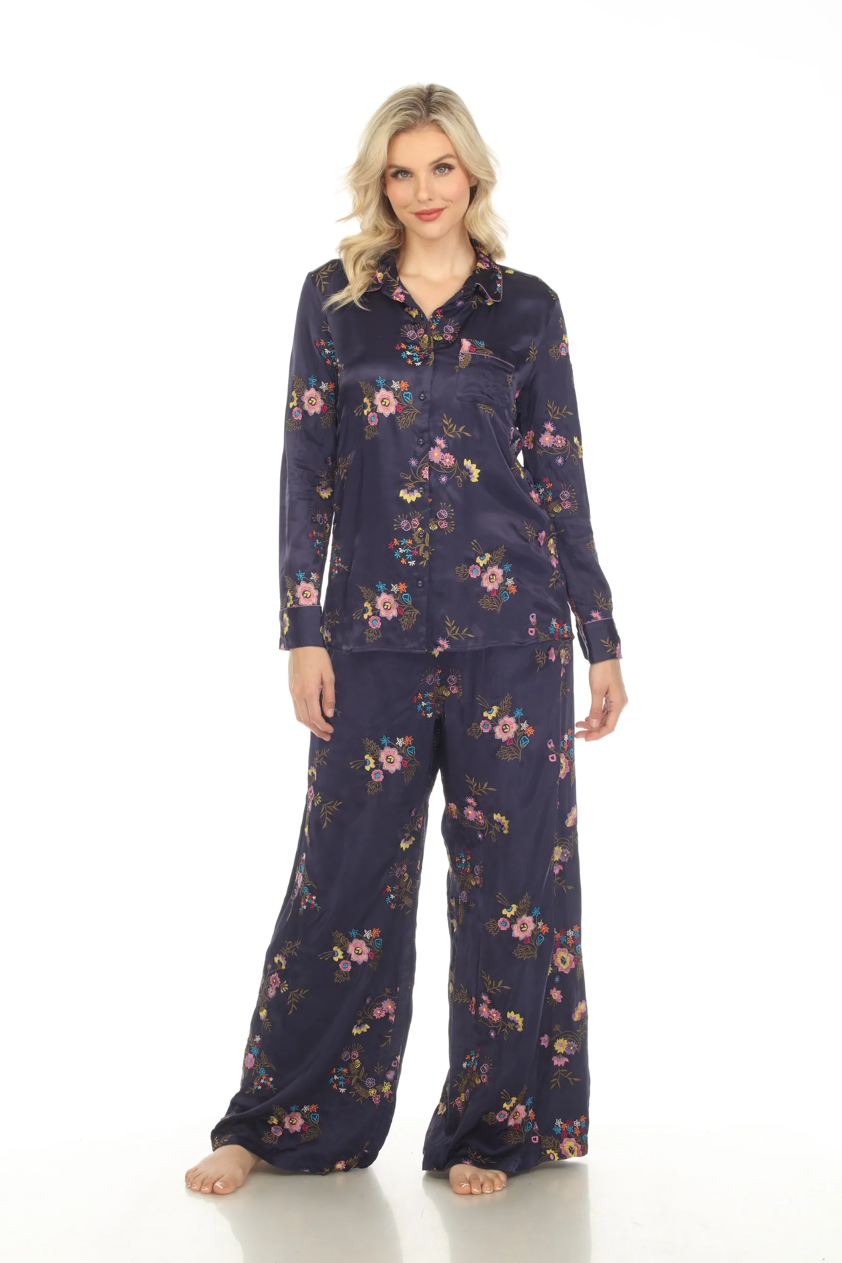 Johnny Was Love Blue Misty Rayon Embroidered Button Down Shirt Boho Chic L12923