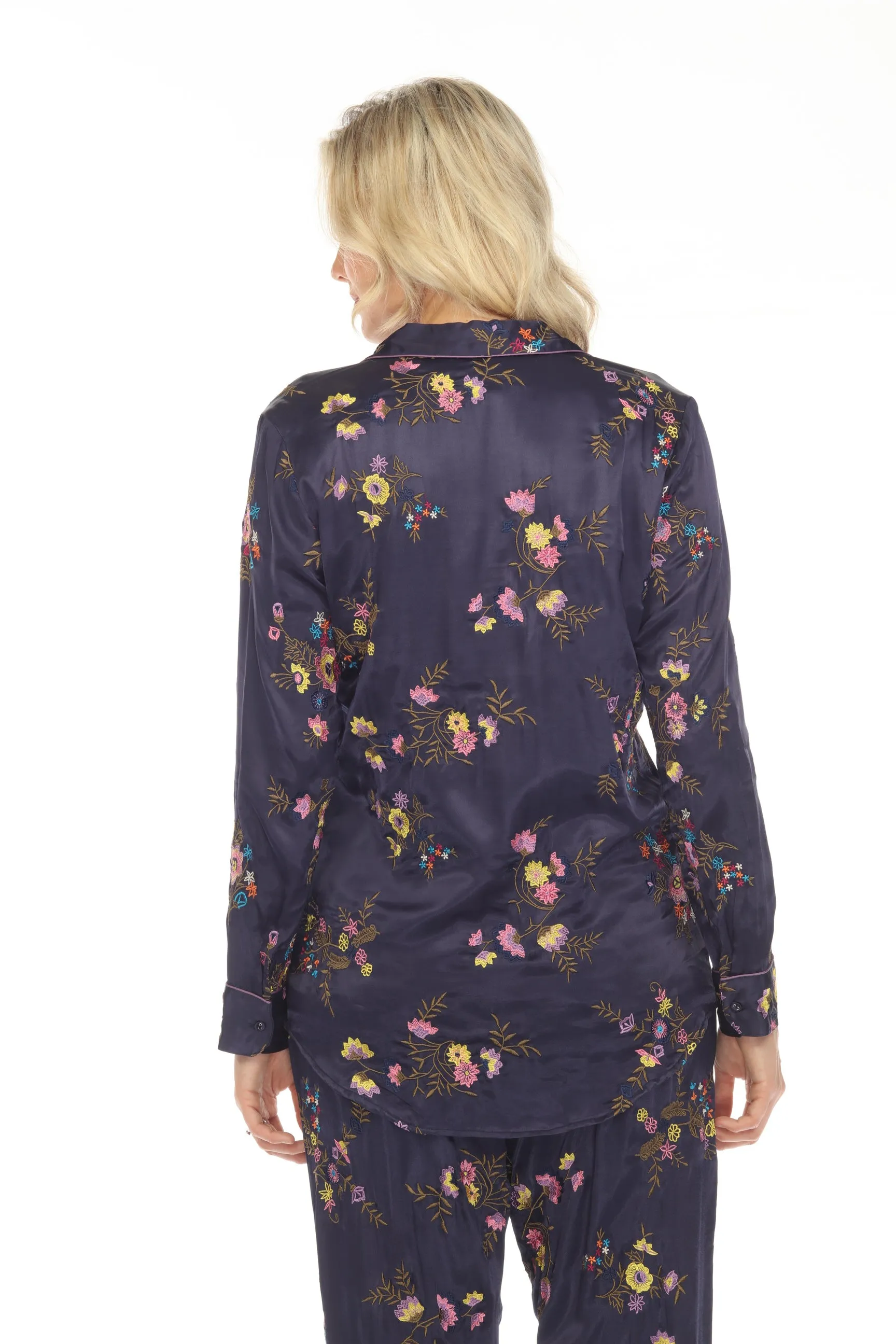 Johnny Was Love Blue Misty Rayon Embroidered Button Down Shirt Boho Chic L12923