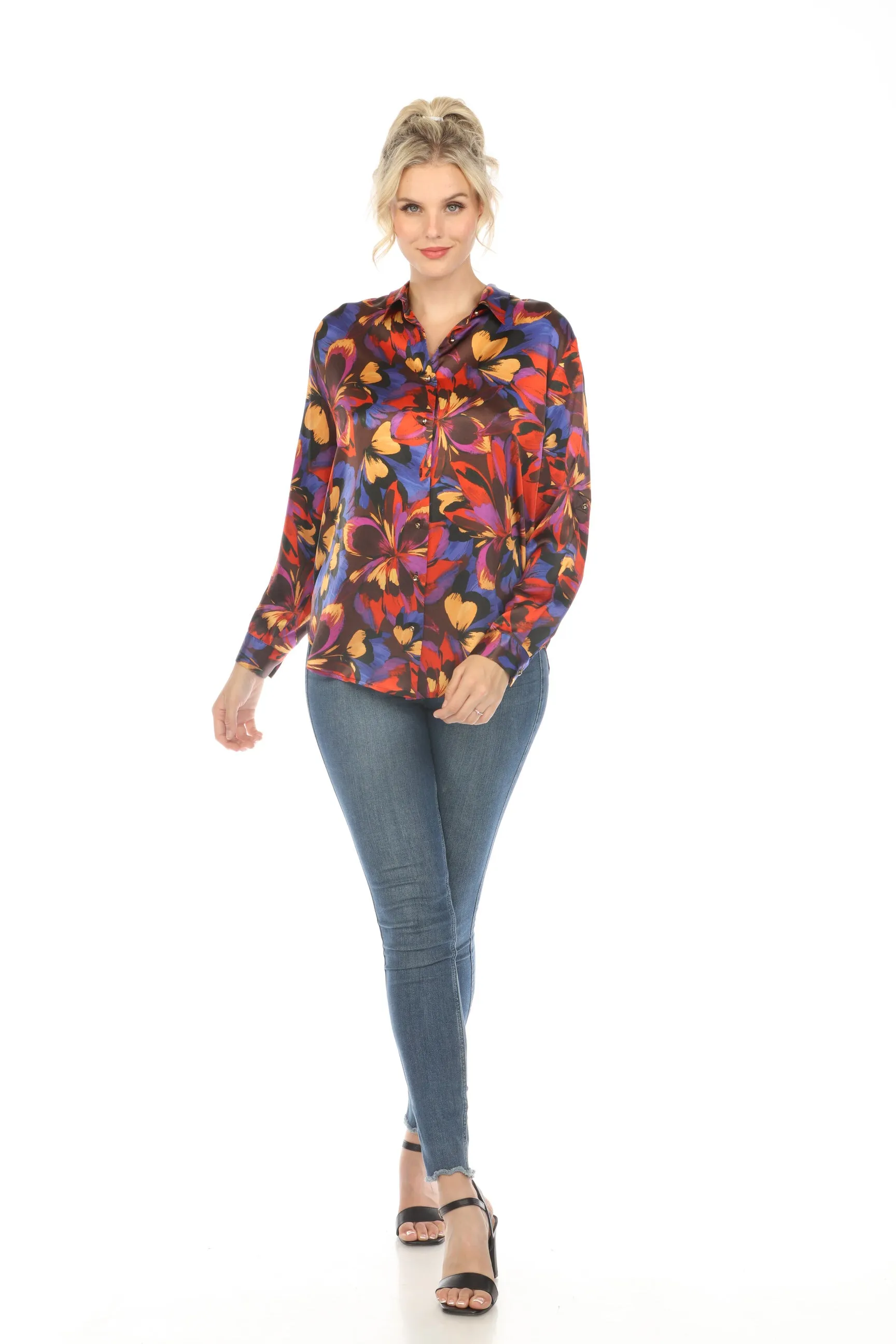 Johnny Was Love Eclipse Blooms Silk Long Sleeve Shirt Boho Chic L18523-O