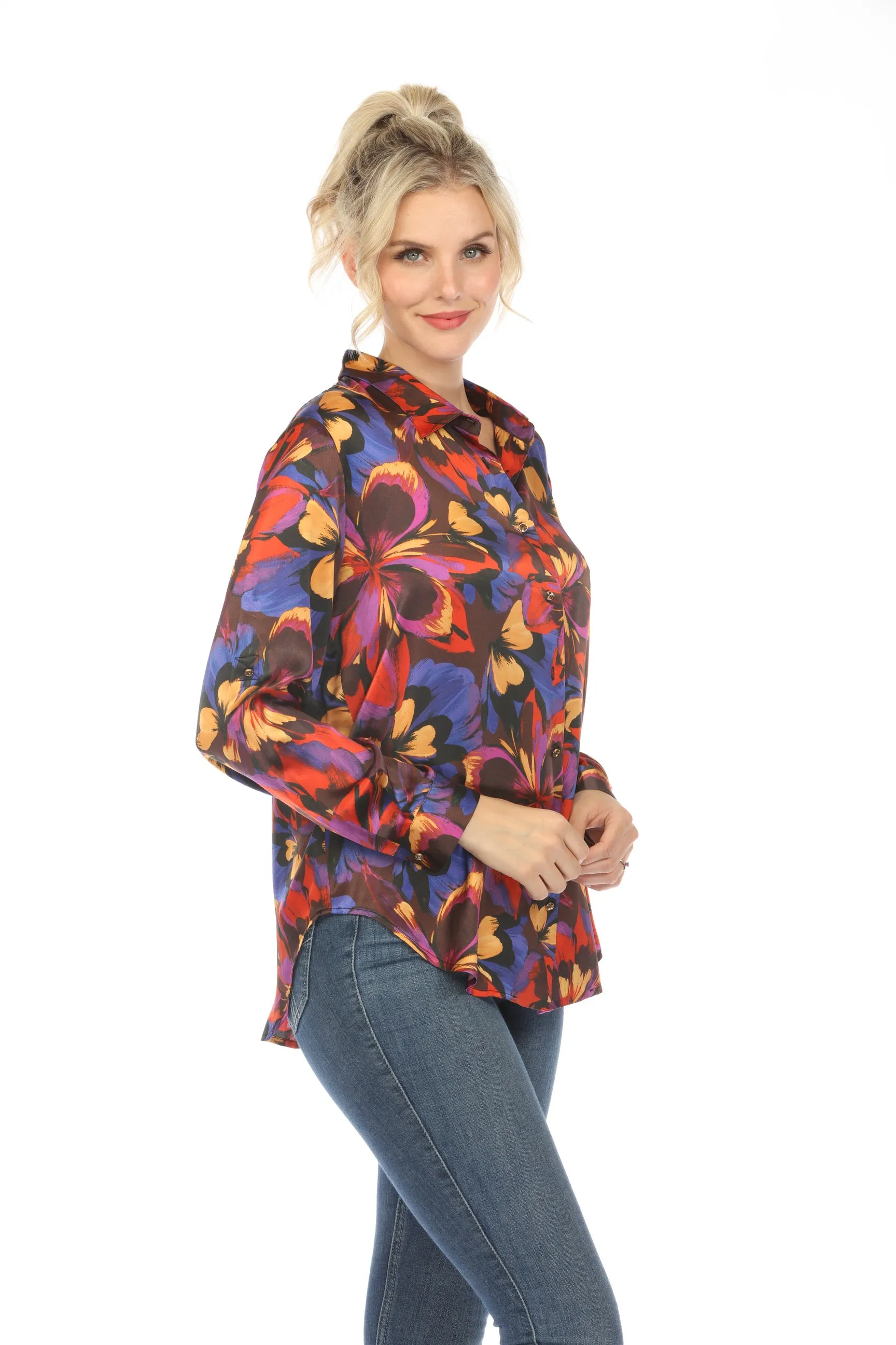 Johnny Was Love Eclipse Blooms Silk Long Sleeve Shirt Boho Chic L18523-O
