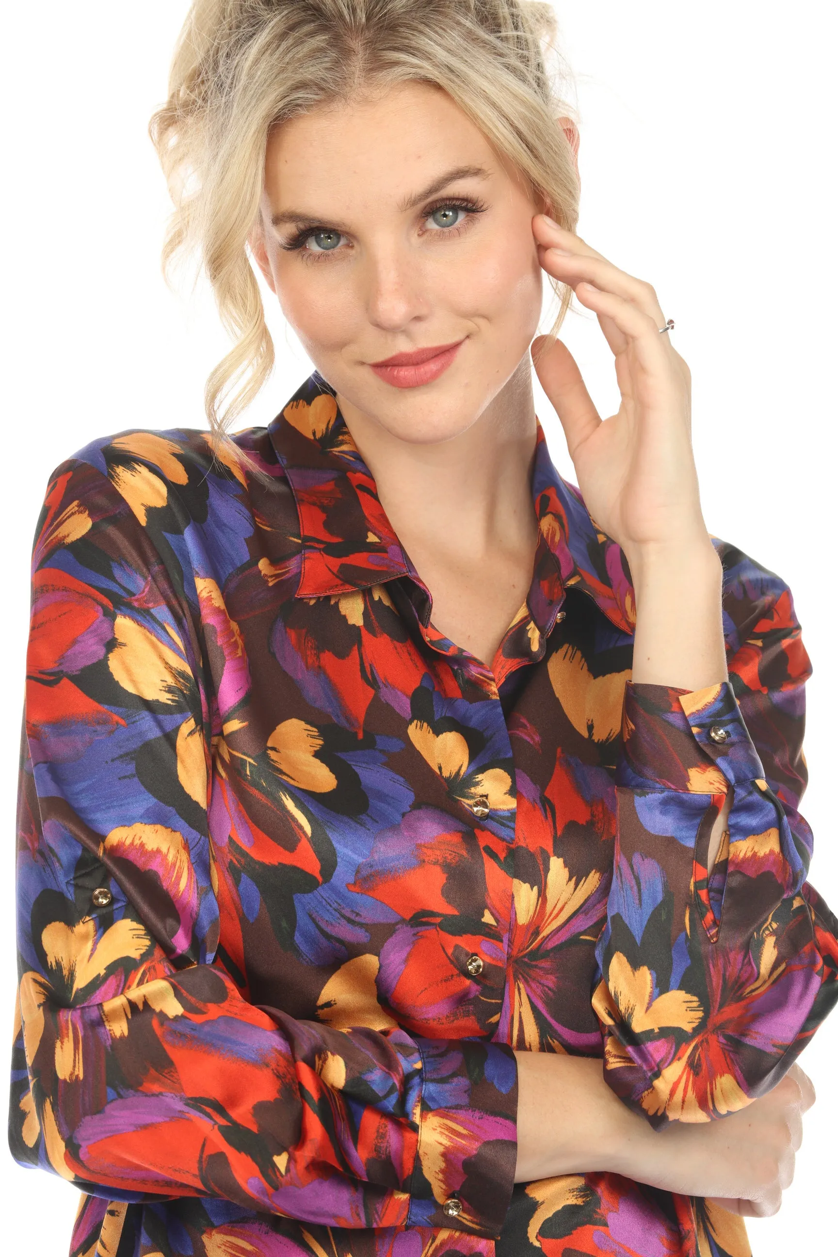 Johnny Was Love Eclipse Blooms Silk Long Sleeve Shirt Boho Chic L18523-O