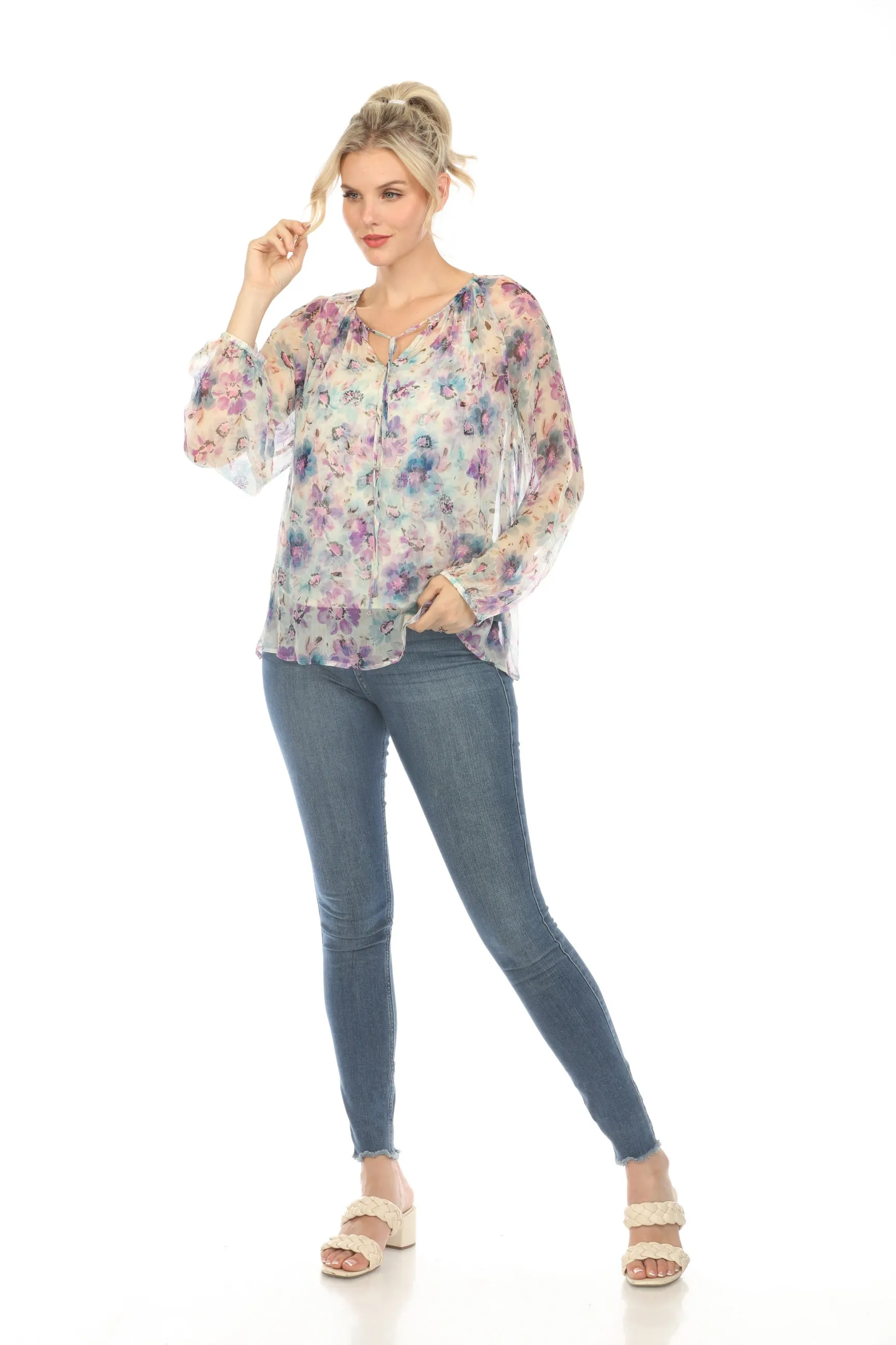 Johnny Was Love Glinda Silk Floral Peasant Blouse Boho Chic L12424 Petite  *
