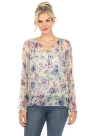 Johnny Was Love Glinda Silk Floral Peasant Blouse Boho Chic L12424 Petite  *