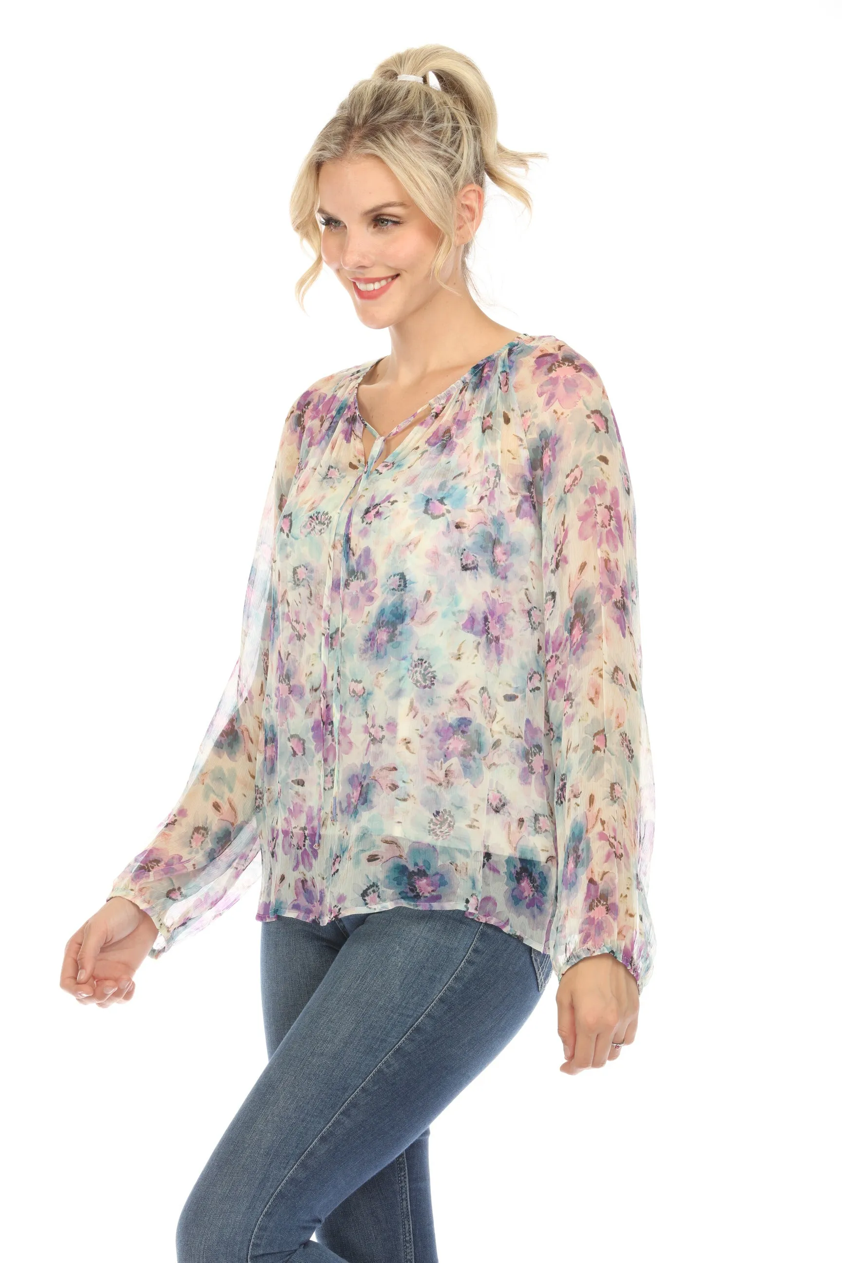 Johnny Was Love Glinda Silk Floral Peasant Blouse Boho Chic L12424 Petite  *