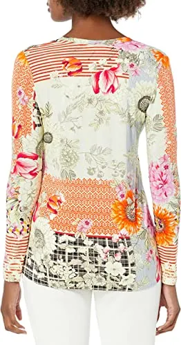 Johnny Was Milly Favorite V Neck Tee Shirt Beige Long Pink Floral Top XXL New