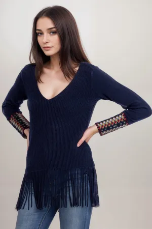 Johnny Was Navy Isadora Fringe Top M65823