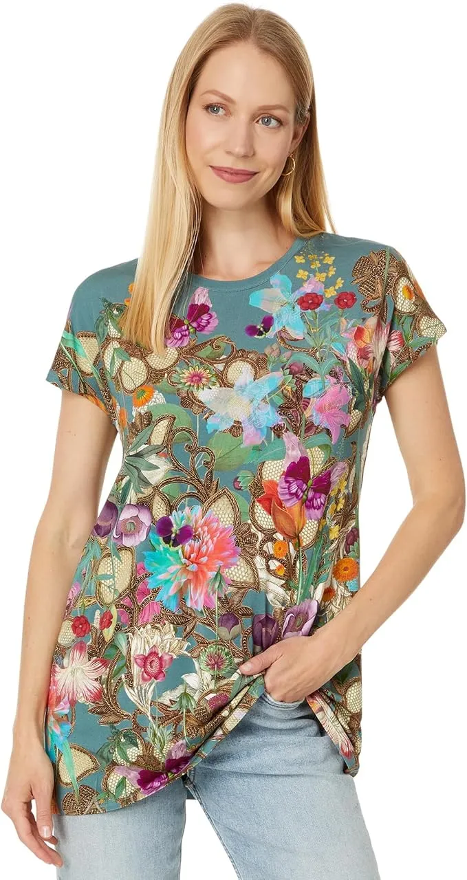 Johnny Was Nurto Janie Favorite Dolman Tee Tunic Floral Shirt Teal Top Large NEW