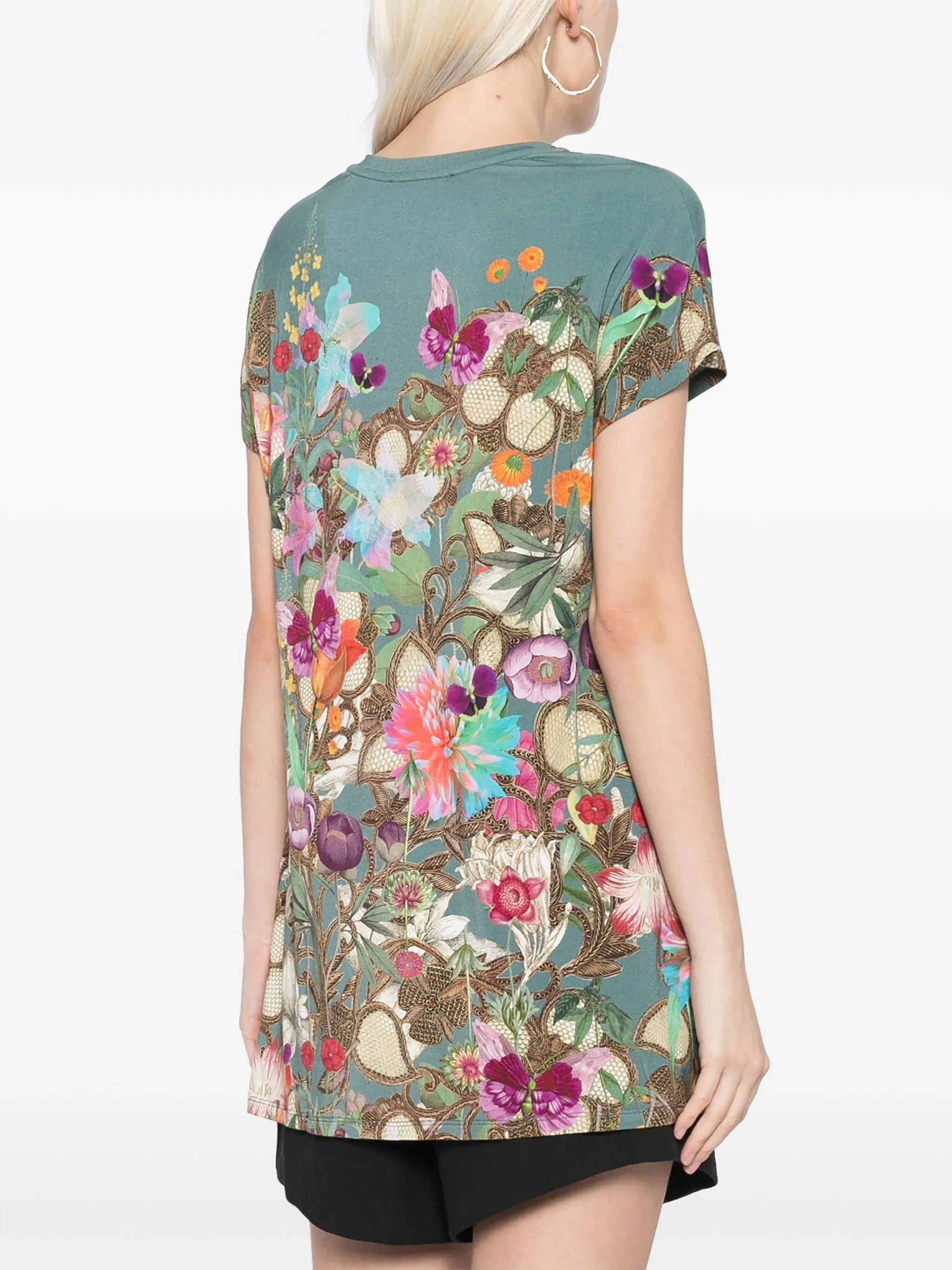 Johnny Was Nurto Janie Favorite Dolman Tee Tunic Floral Shirt Teal Top Large NEW