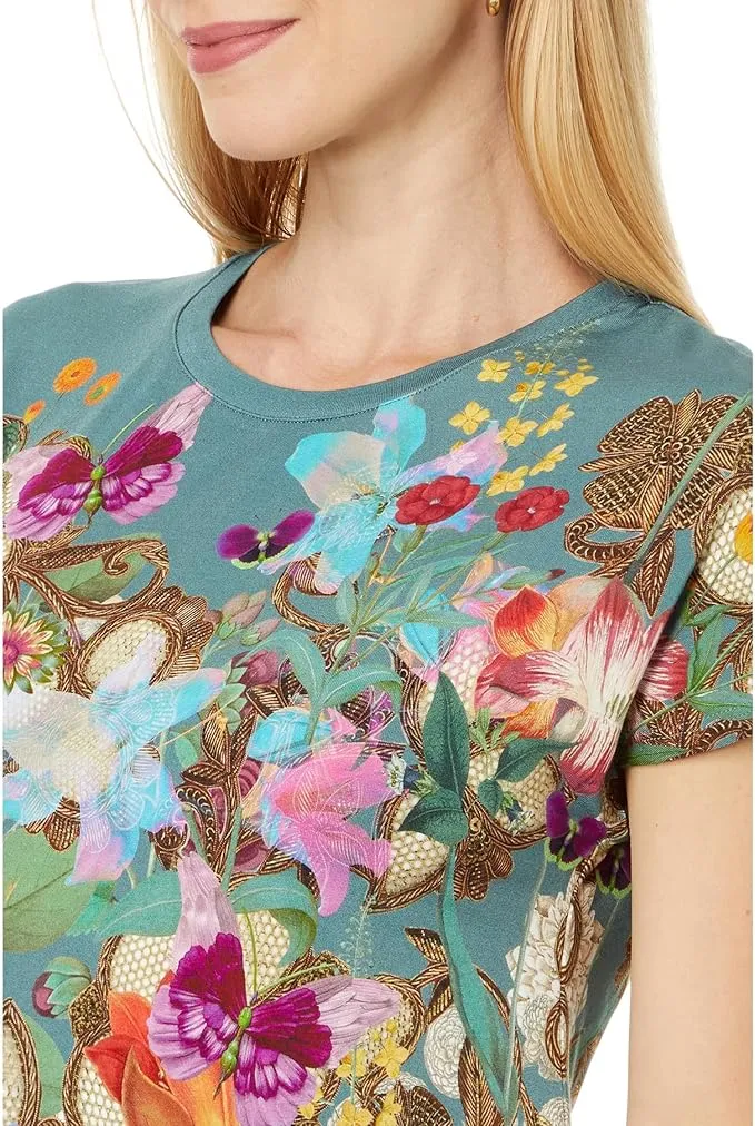 Johnny Was Nurto Janie Favorite Dolman Tee Tunic Floral Shirt Teal Top Large NEW