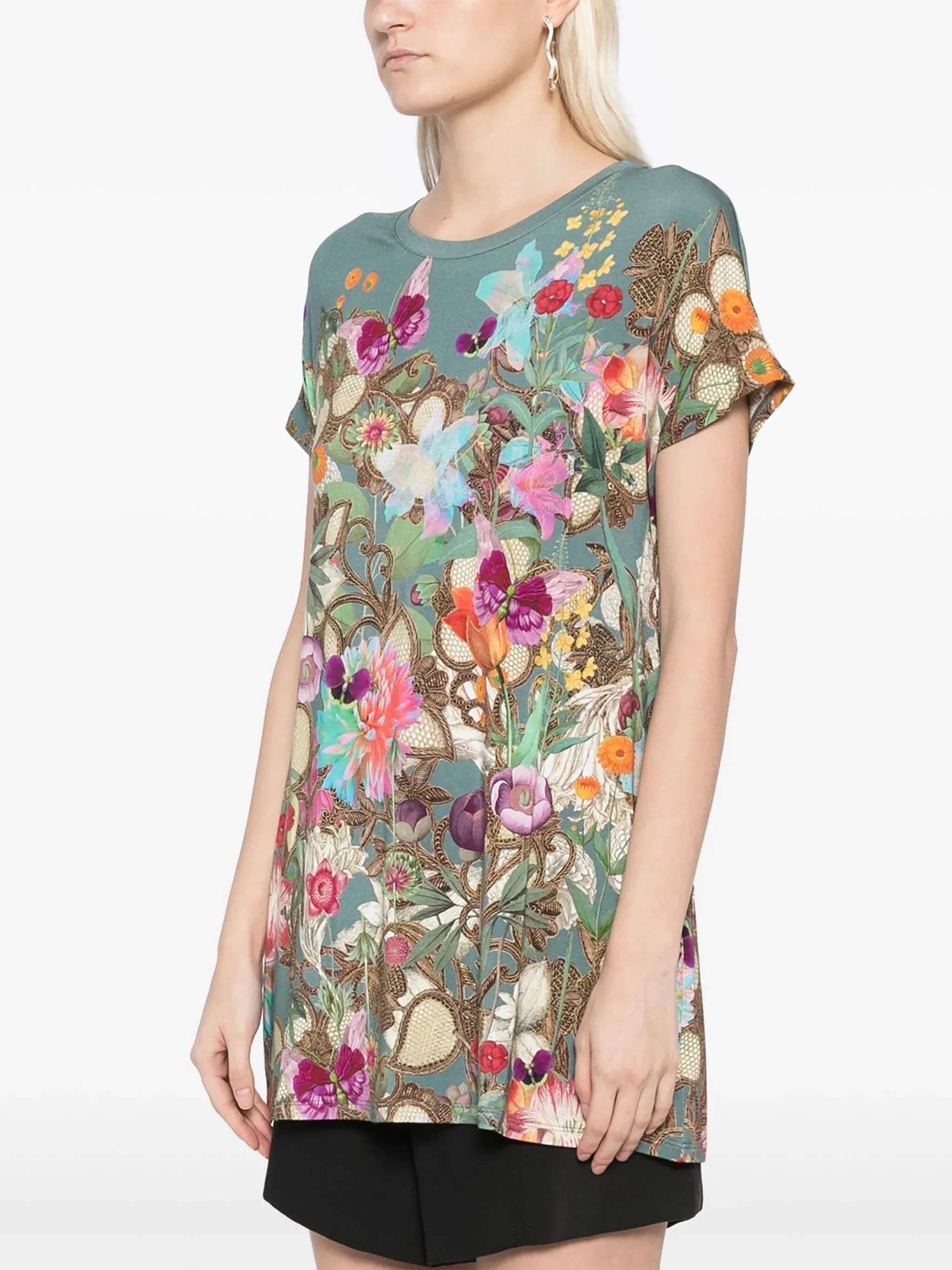Johnny Was Nurto Janie Favorite Dolman Tee Tunic Floral Shirt Teal Top Large NEW