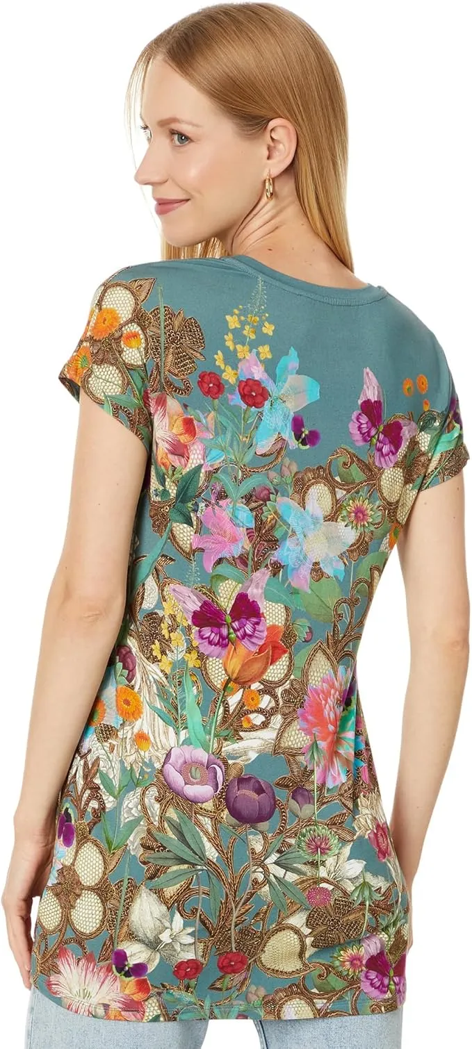 Johnny Was Nurto Janie Favorite Dolman Tee Tunic Floral Shirt Teal Top Large NEW