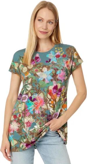 Johnny Was Nurto Janie Favorite Dolman Tee Tunic Floral Shirt Teal Top Large NEW