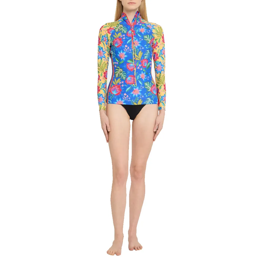 Johnny Was Rumba Mix Long Surf Shirt Swim Floral Zip Rash Guard Top Blue Yellow NEW