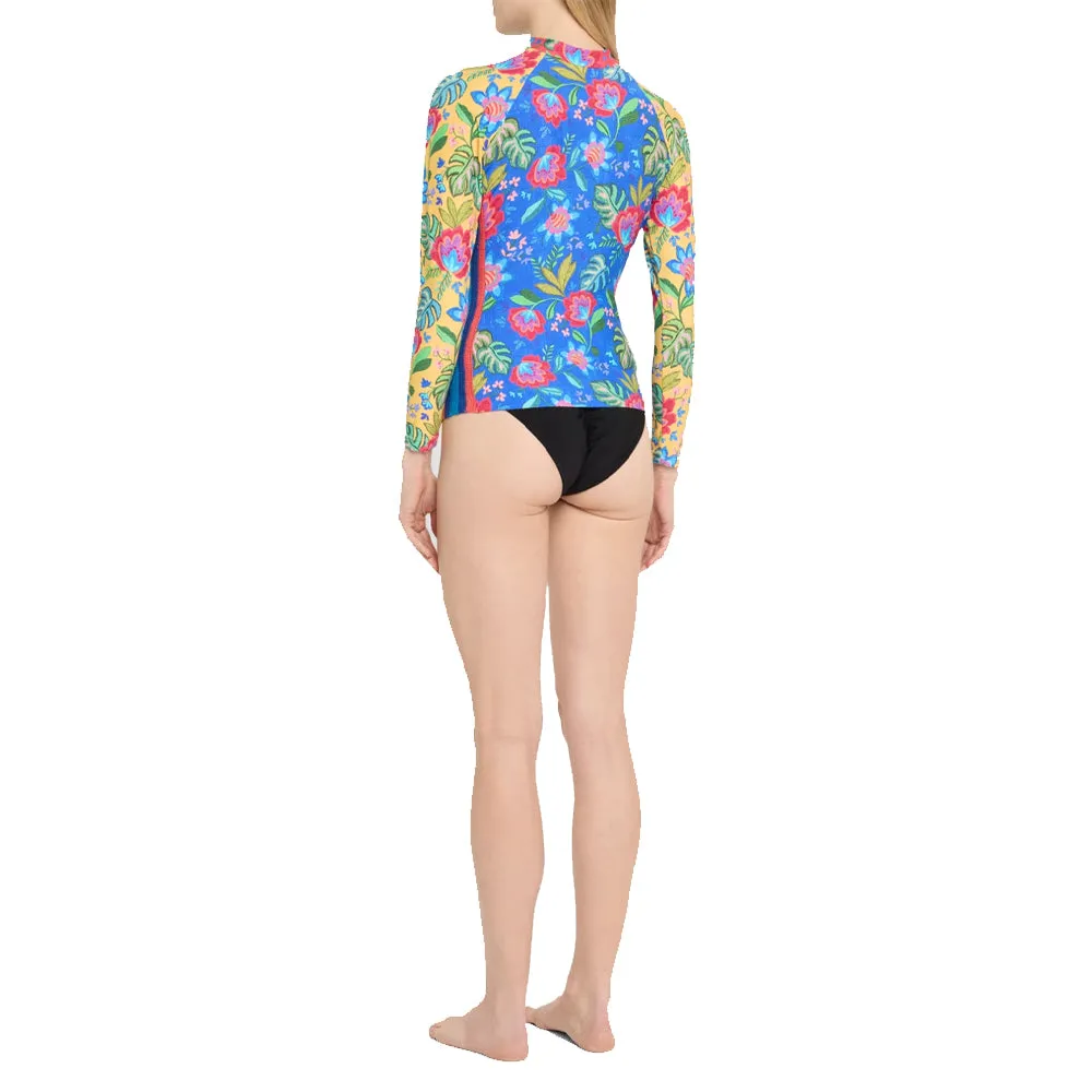 Johnny Was Rumba Mix Long Surf Shirt Swim Floral Zip Rash Guard Top Blue Yellow NEW