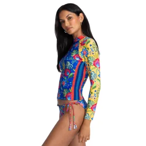Johnny Was Rumba Mix Long Surf Shirt Swim Floral Zip Rash Guard Top Blue Yellow NEW