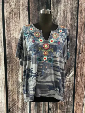 Johnny Was Sicilia Knit Blouse Indigo Camo Tee Top Embroidery Plus Shirt 2X New