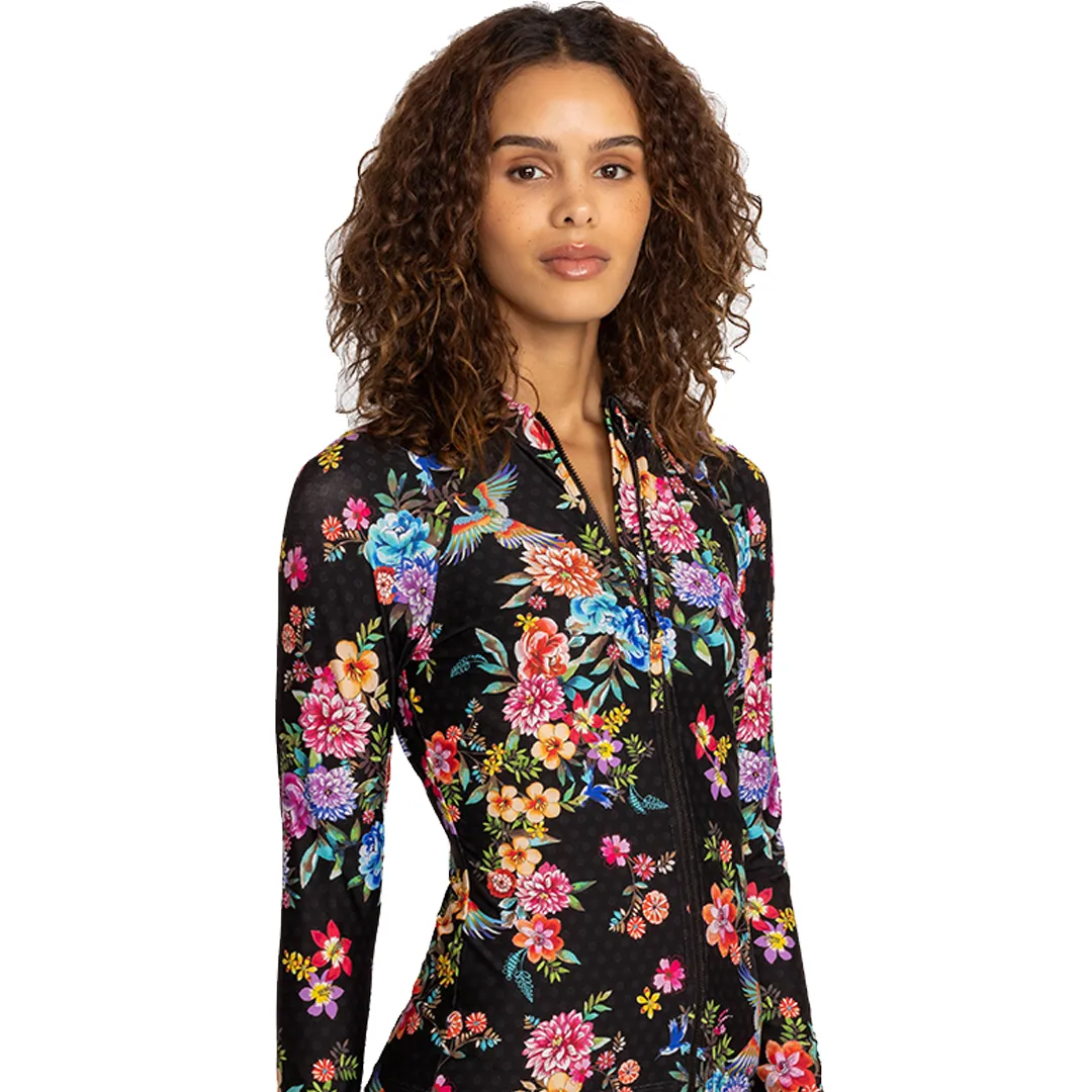 Johnny Was Sognatore Nero Swim Wear Surf Shirt Rash Guard Black Floral Top NEW
