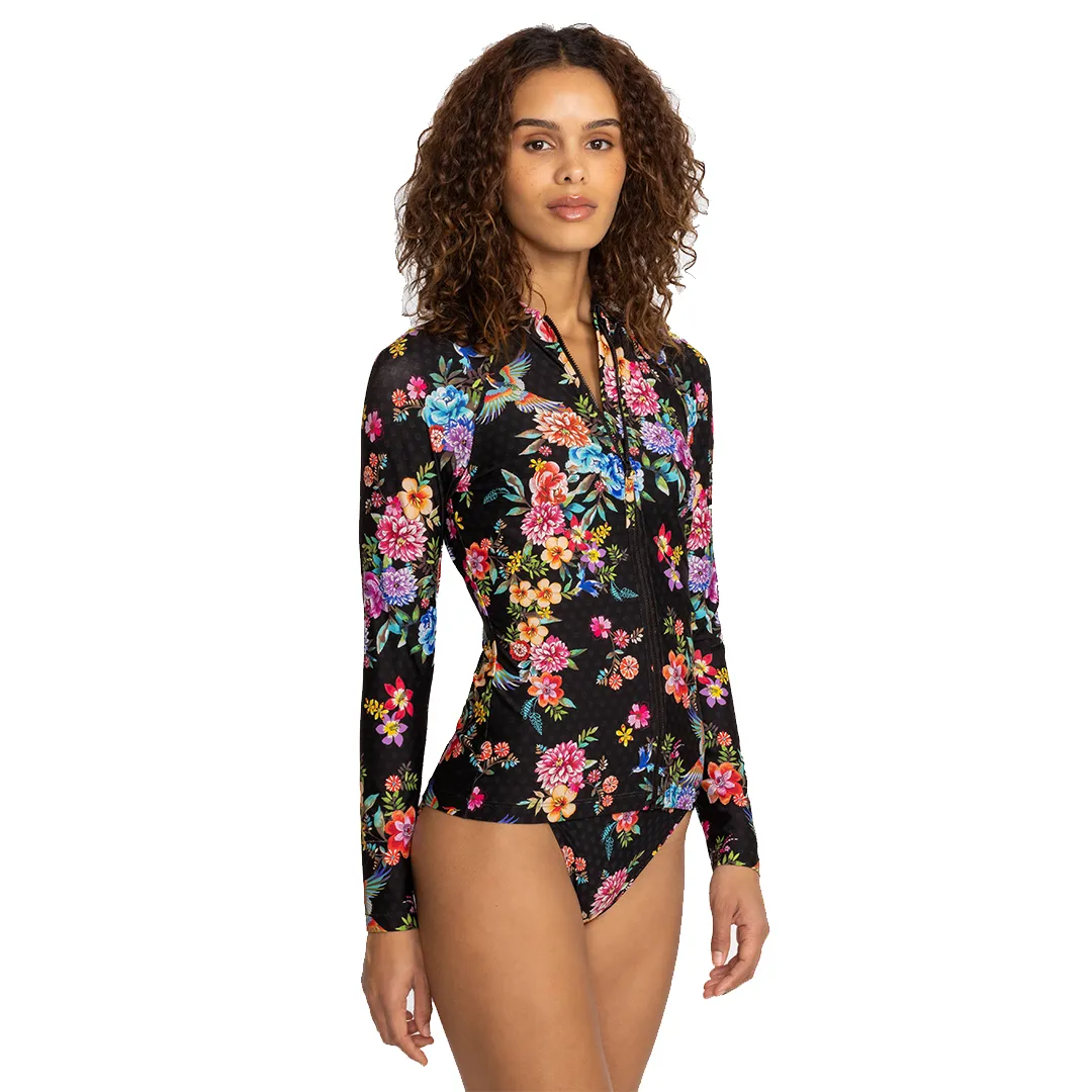 Johnny Was Sognatore Nero Swim Wear Surf Shirt Rash Guard Black Floral Top NEW