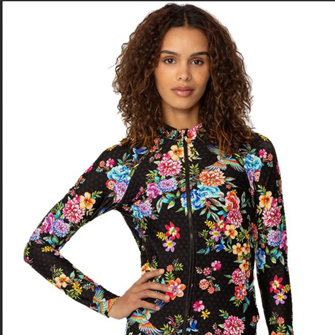 Johnny Was Sognatore Nero Swim Wear Surf Shirt Rash Guard Black Floral Top NEW