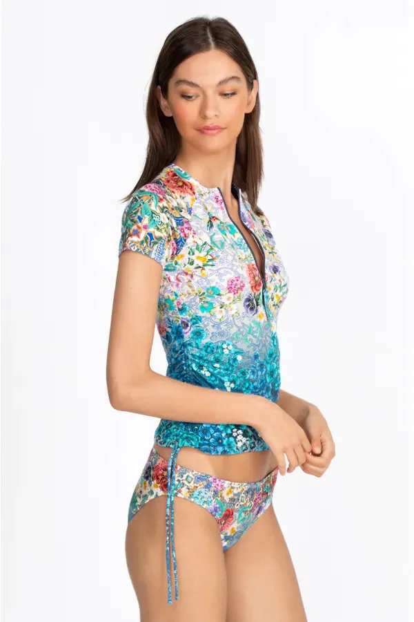 Johnny Was Sun Rays Surf Shirt Swim Resort Blue Rash Guard Floral Top XL NEW