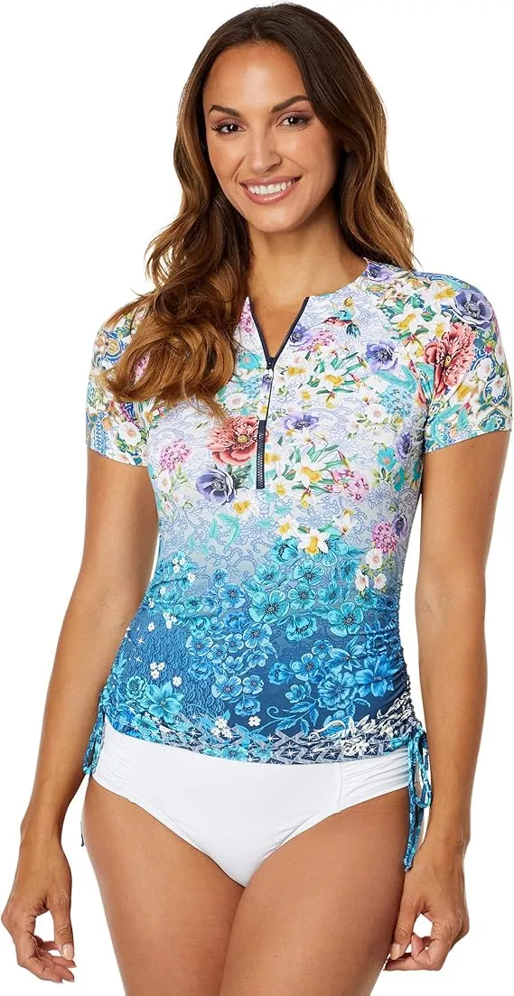 Johnny Was Sun Rays Surf Shirt Swim Resort Blue Rash Guard Floral Top XL NEW