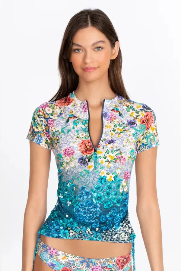 Johnny Was Sun Rays Surf Shirt Swim Resort Blue Rash Guard Floral Top XL NEW