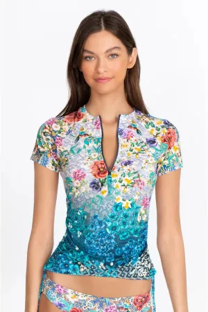 Johnny Was Sun Rays Surf Shirt Swim Resort Blue Rash Guard Floral Top XXL NEW