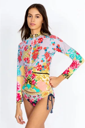 Johnny Was Swim Long Sleeve Japer Surf Shirt Ocean Rash Guard Top Red Floral Blue XXL NEW