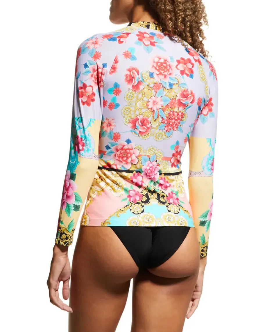 Johnny Was Swim Long Sleeve Japer Surf Shirt Ocean Rash Guard Top Red Floral Blue XXL NEW