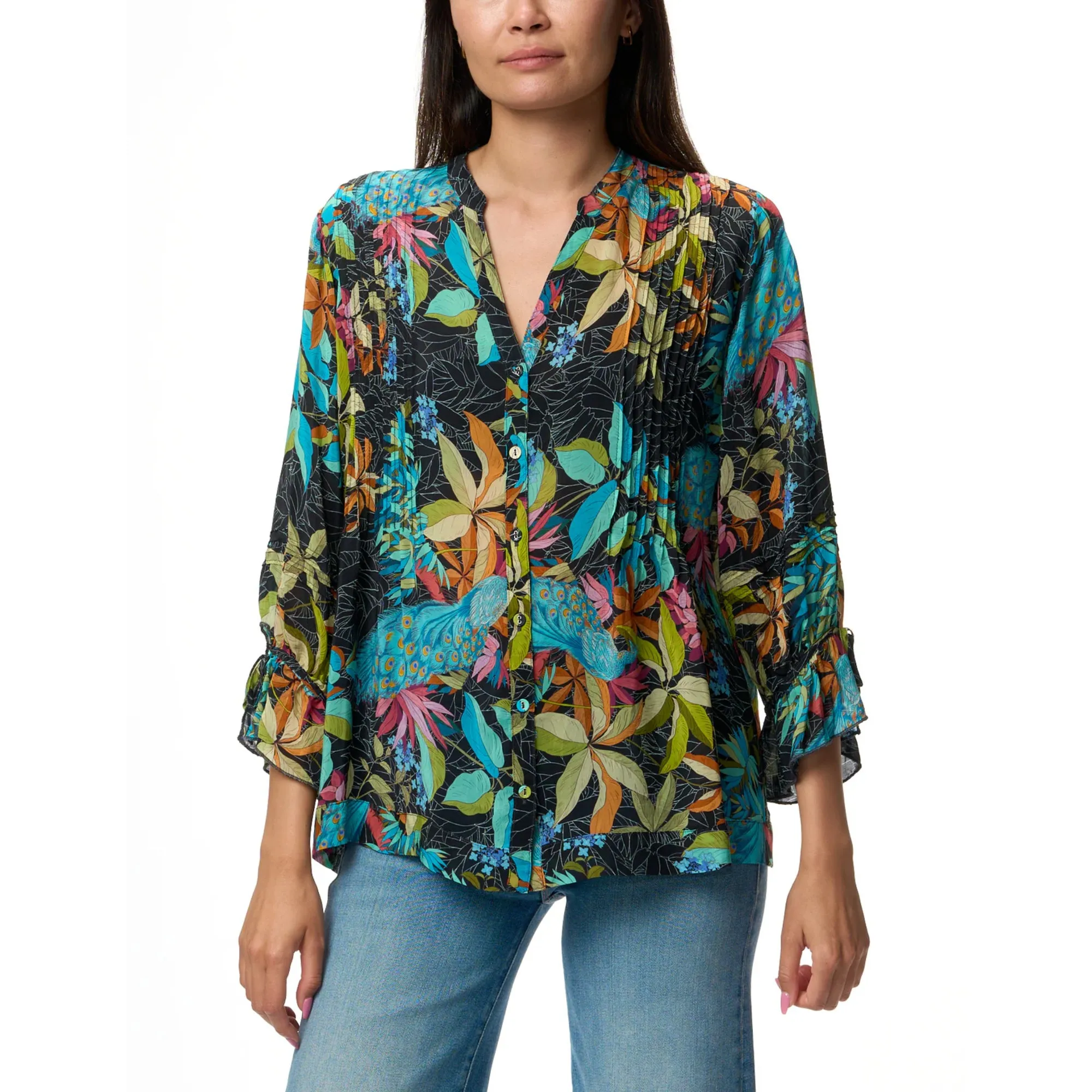 Johnny Was Vacanza Blouse Paon Floral Black Button Flower Blue Shirt Top NEW