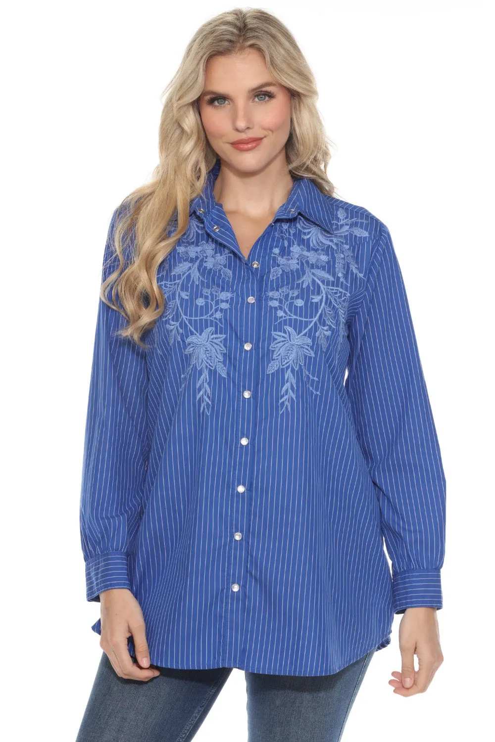 Johnny Was Workshop Blue Miel Western Button-Down Tunic Shirt W28623-E