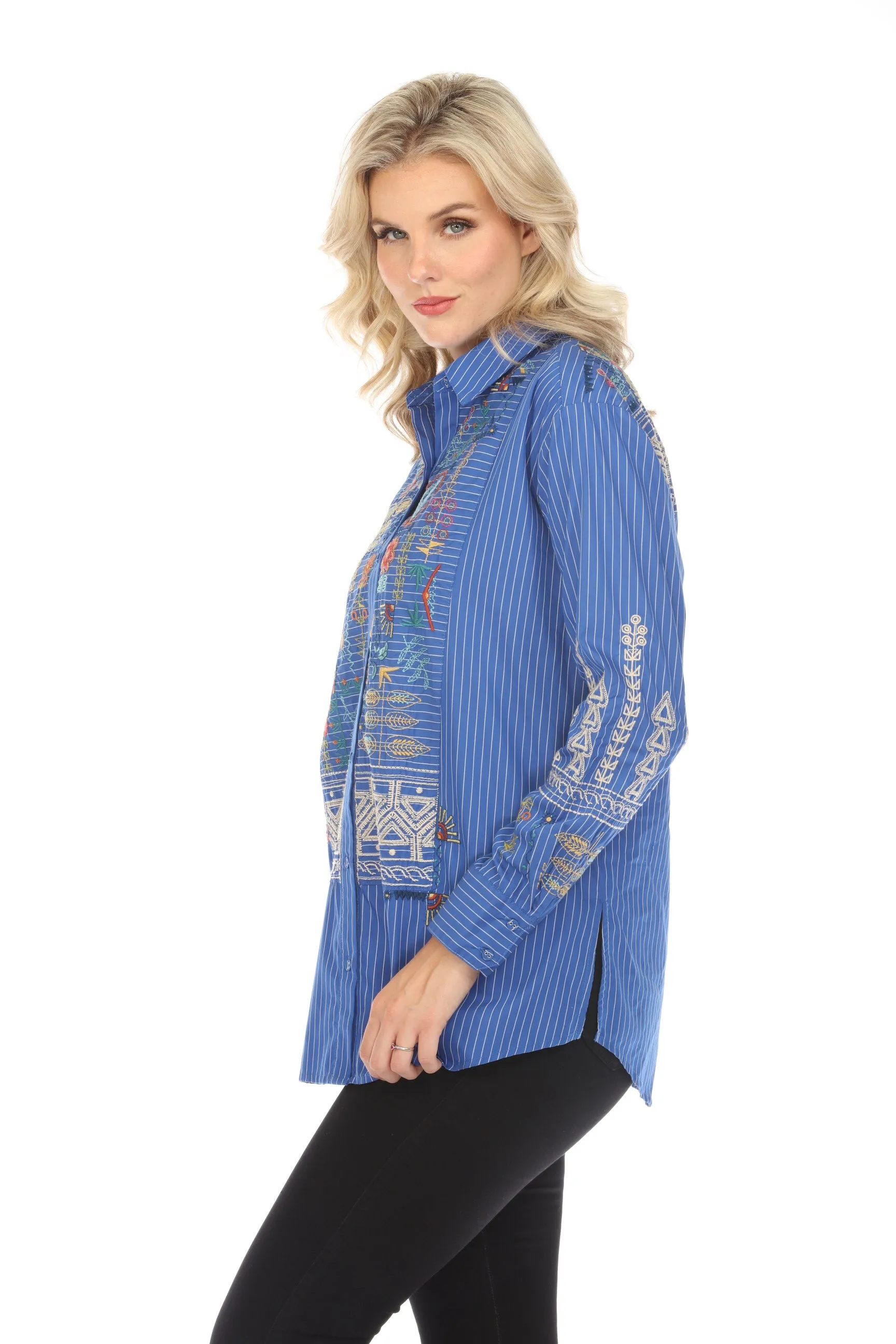Johnny Was Workshop Blue Stripe Scara Oversized Yoke Shirt Boho Chic W16923-E