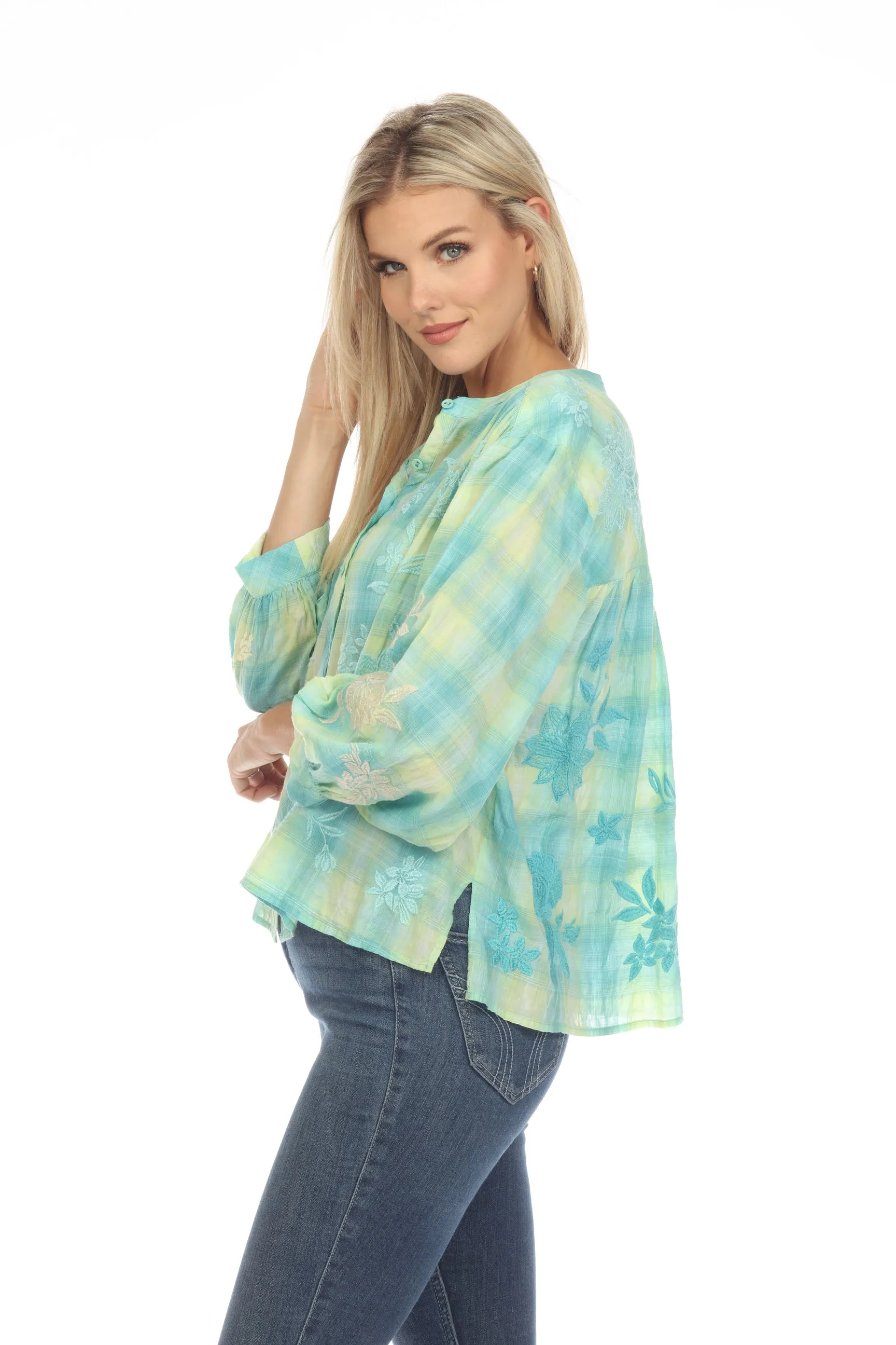 Johnny Was Workshop Green Hazel Plaid Shirred Yoke Blouse W11623