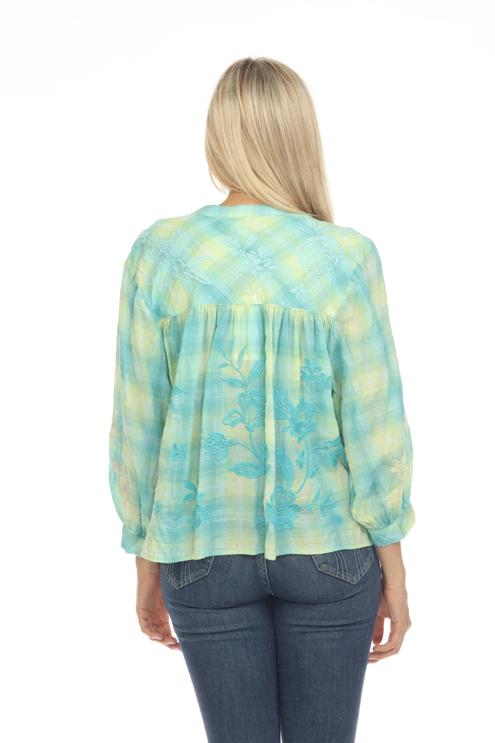 Johnny Was Workshop Green Hazel Plaid Shirred Yoke Blouse W11623