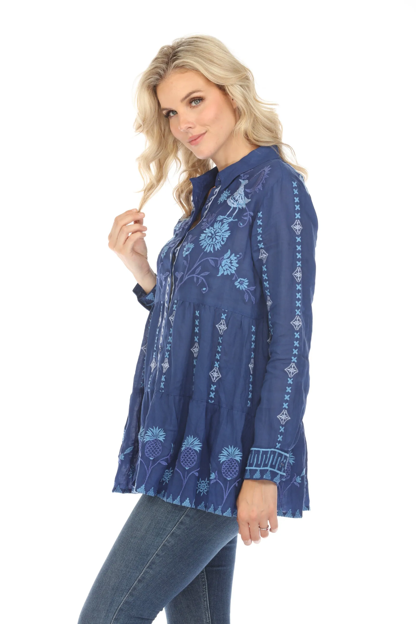 Johnny Was Workshop Midnight Blue Tarra Tiered Shirt Tunic Top Boho Chic W20024